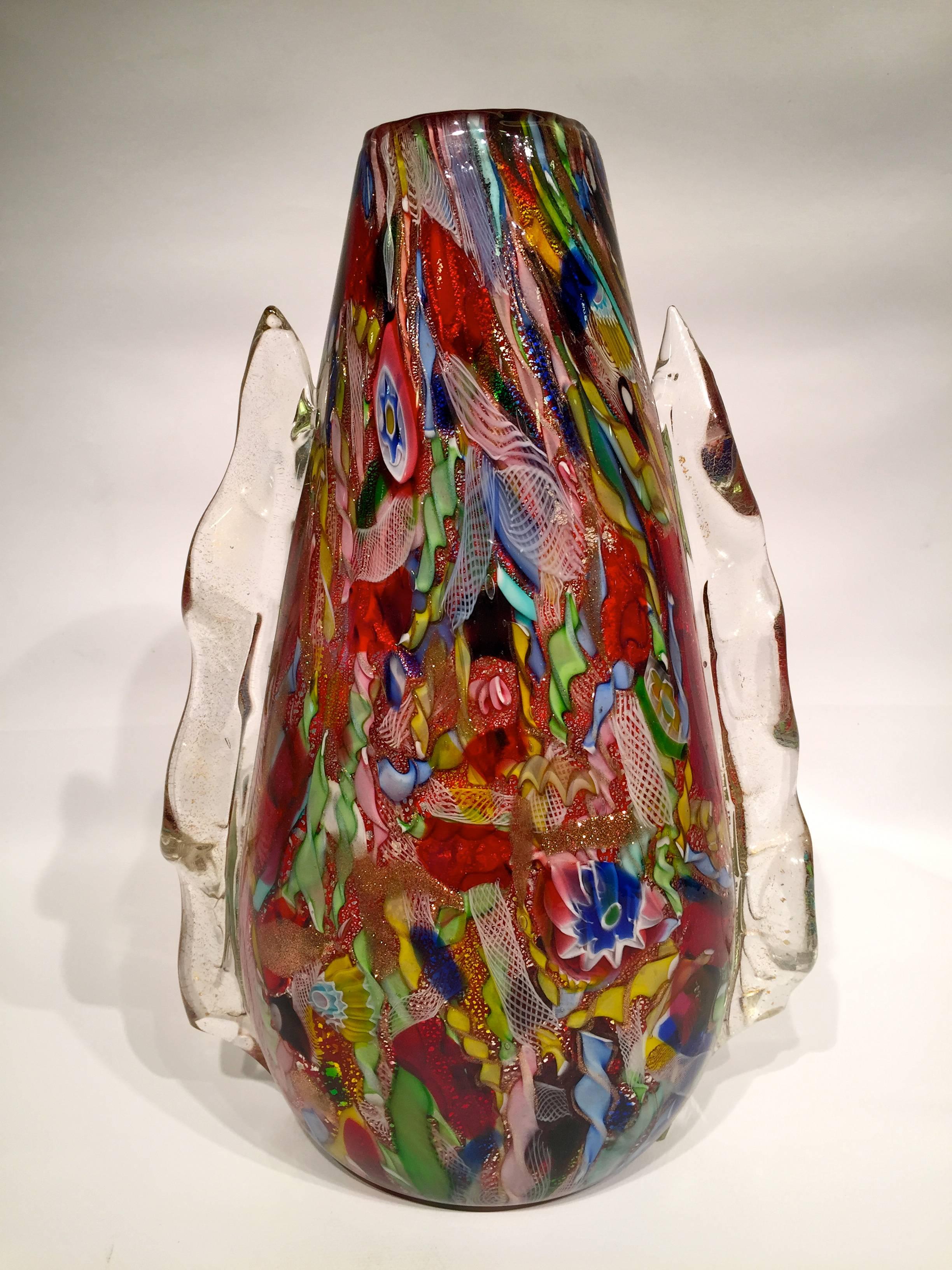 Mid-Century Modern AVeM Vase, Artistic Blown Murano Glass, Multicolored and Red, circa 1950 For Sale