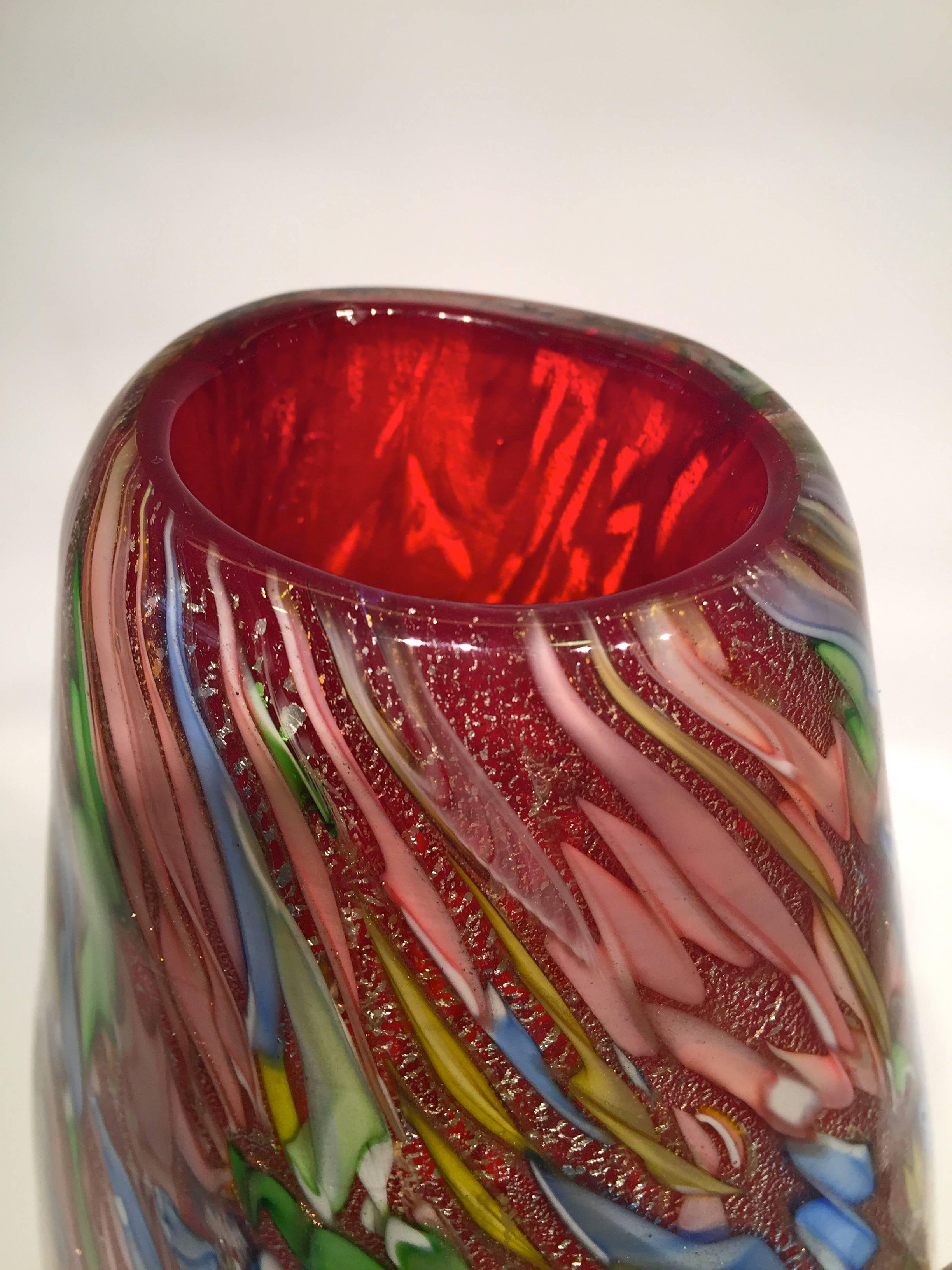 AVeM vase, artistic blown Murano glass multicolored and red, circa 1950. With aventurine and silver. With certificate of originality.