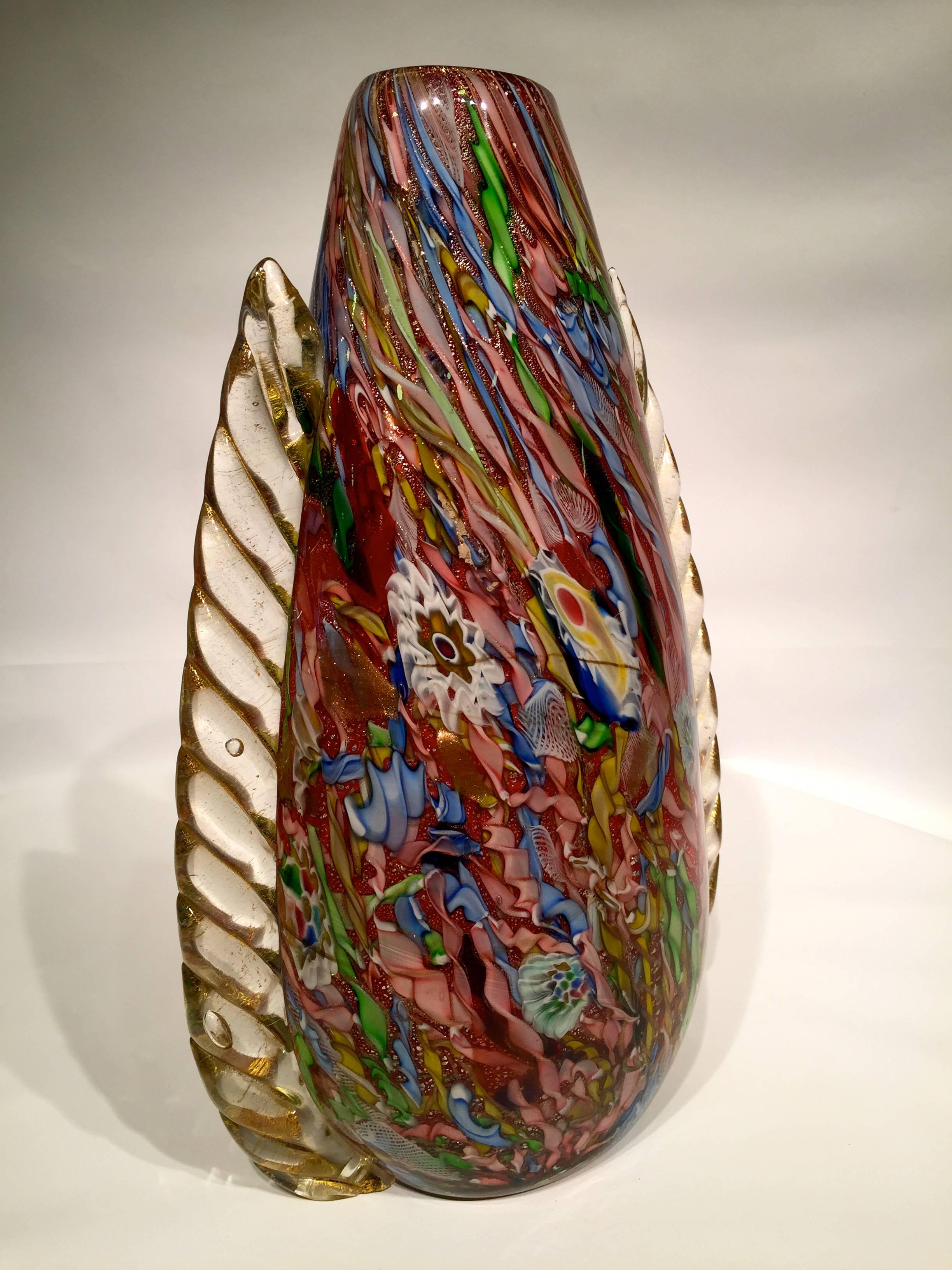Mid-20th Century AVeM Vase, Artistic Blown Murano Glass, Multicolored and Red, circa 1950 For Sale