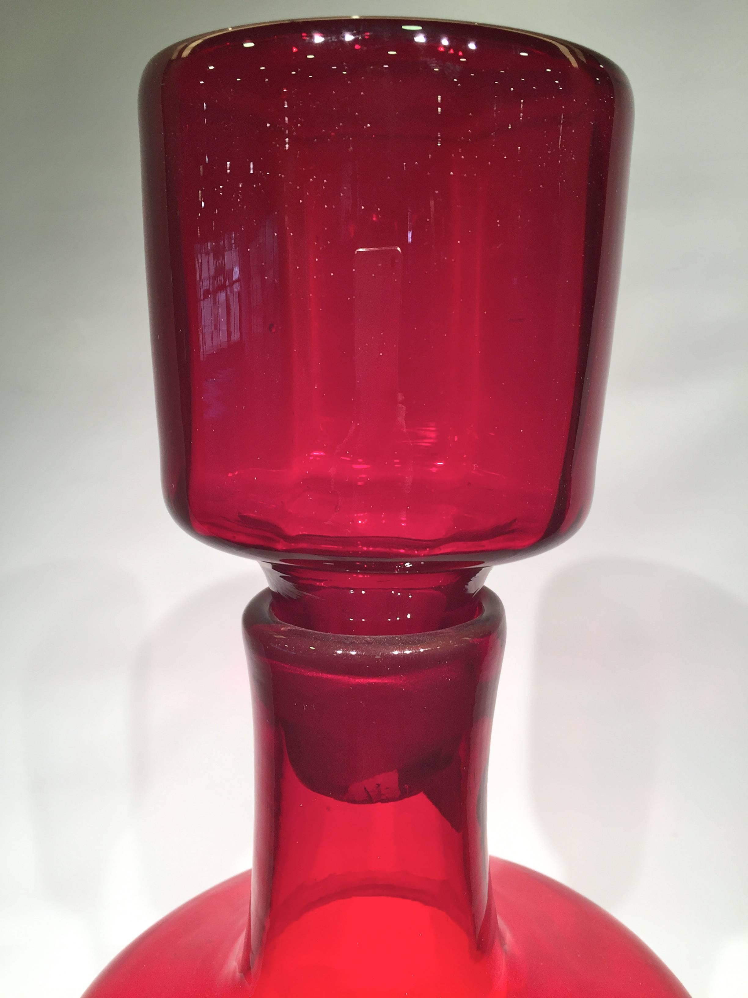 Large Blenko Glass Co red American bottle, circa 1950.