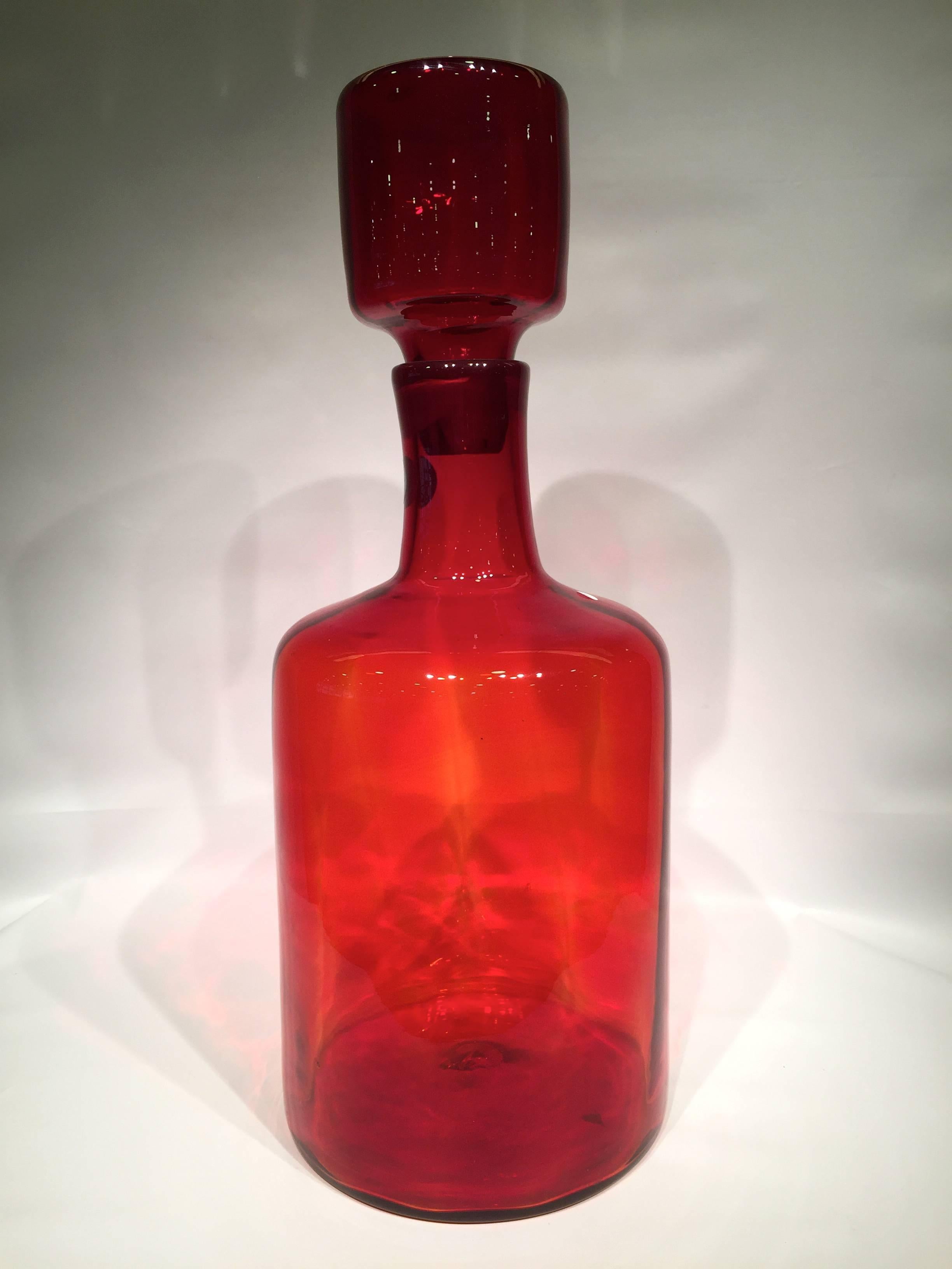 Molded Blenko Glass Co Red American Bottle, circa 1950