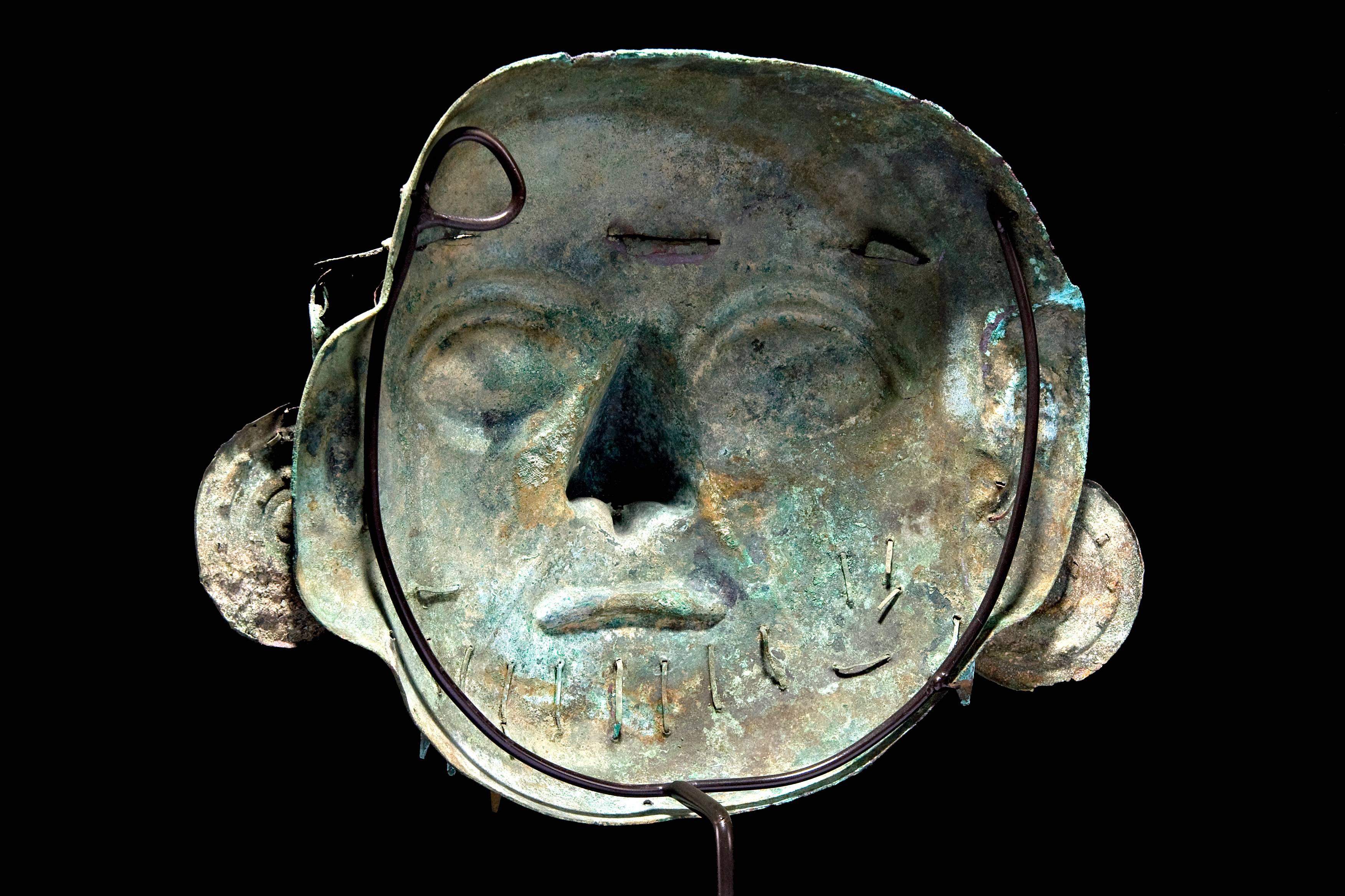 Peruvian Moche Copper Bronze Mask For Sale