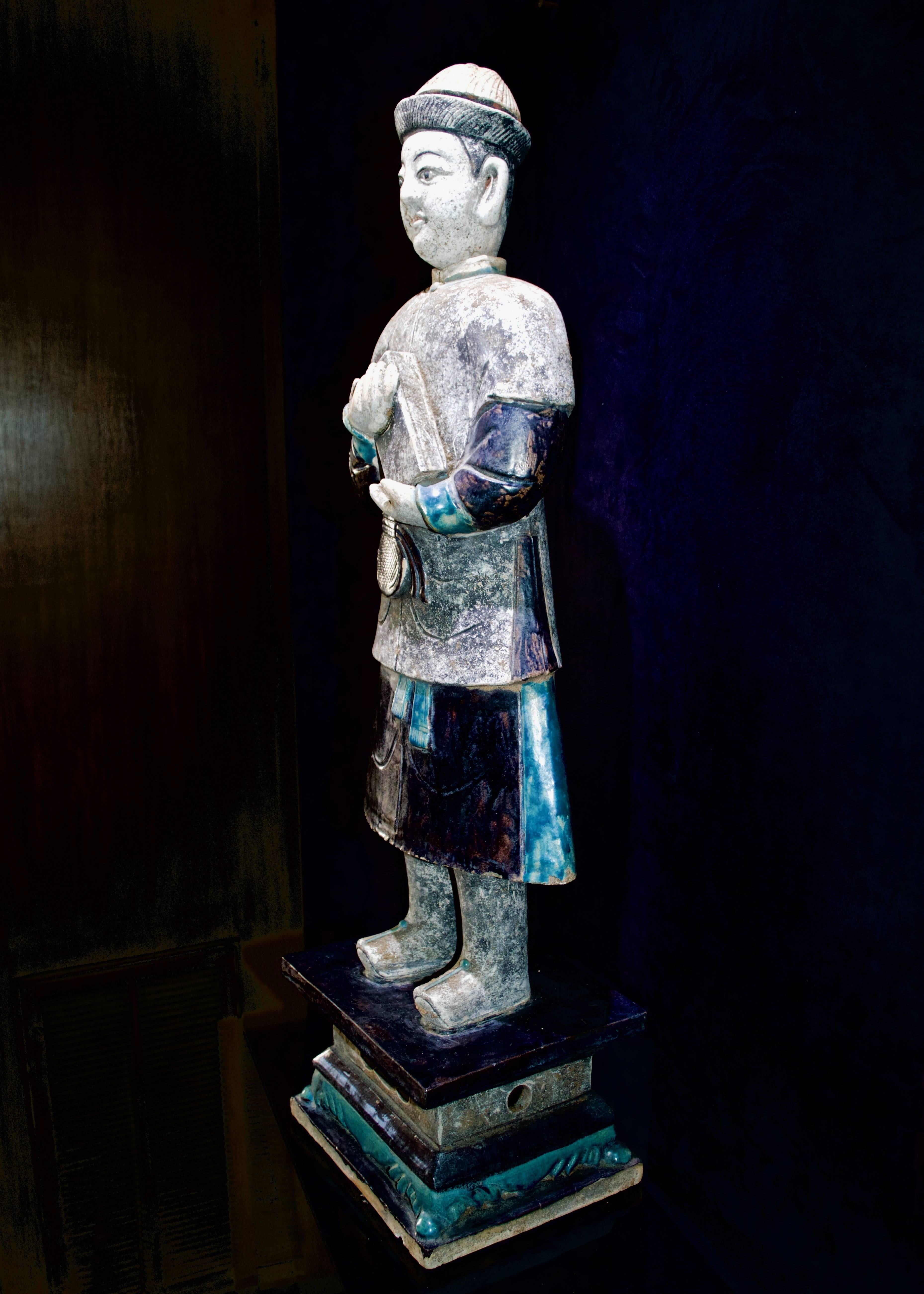 Glazed Monumental Ming Dinasty Court Attendant in Blue Hanfu - TL Tested in Germany