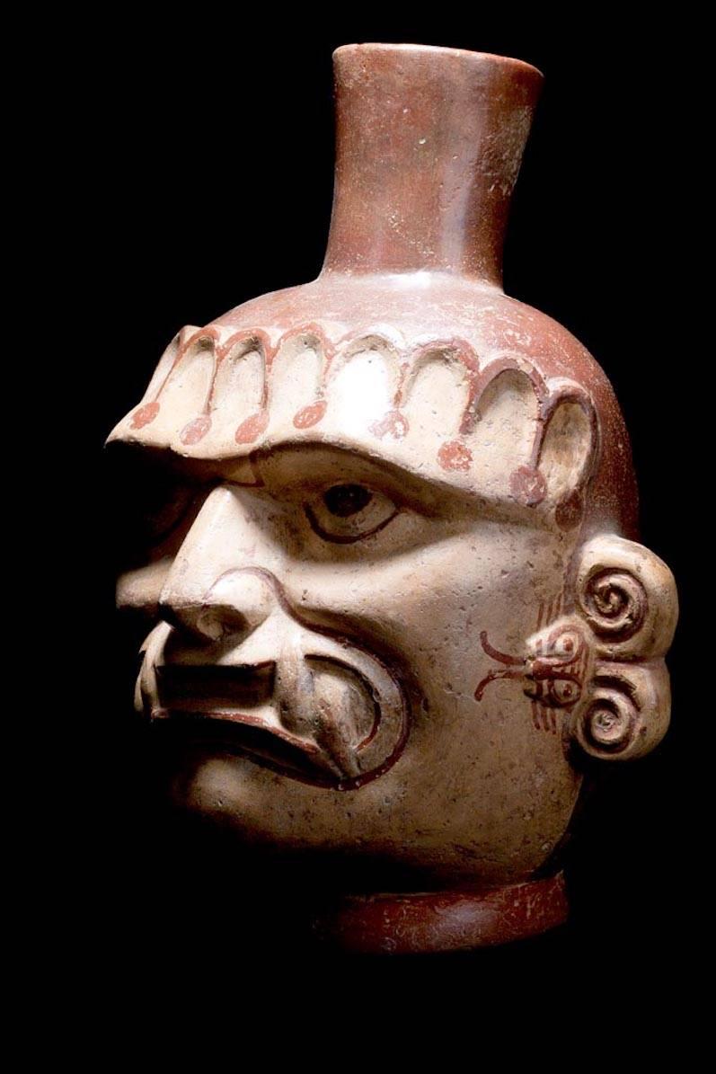 Peruvian Pre-Columbian Mochica Head Vessel Ai Apaec