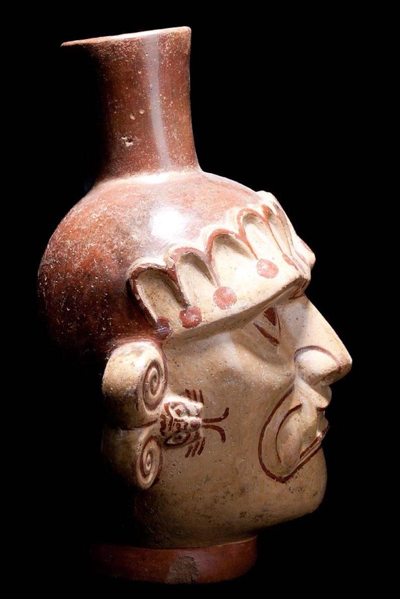 Ceramic Pre-Columbian Mochica Head Vessel Ai Apaec
