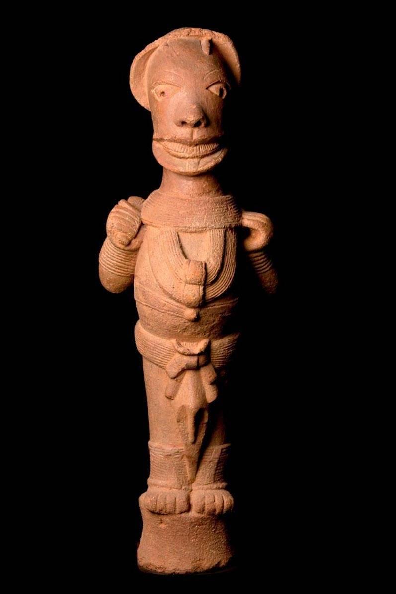 Nok Terracotta Standing Dignitary Figure in Royal Pose. I-II Century AD. Certificate of Authenticity with TL Test and Passport from Europe. Museum Piece.

The Nok culture of northern Nigeria, a civilization that existed from approximately 500 B.C.