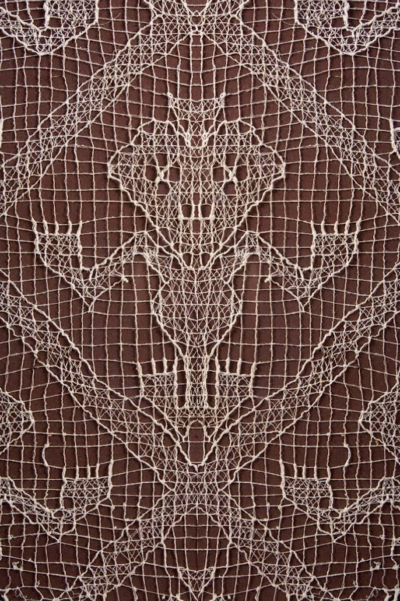 A large, rectangular panel composed of a large diamond pattern grid, each grid contains a stylized human figure with arms raised. A few very minor imperfections, overall excellent condition. Backed and stretched on a brown linen, it has been