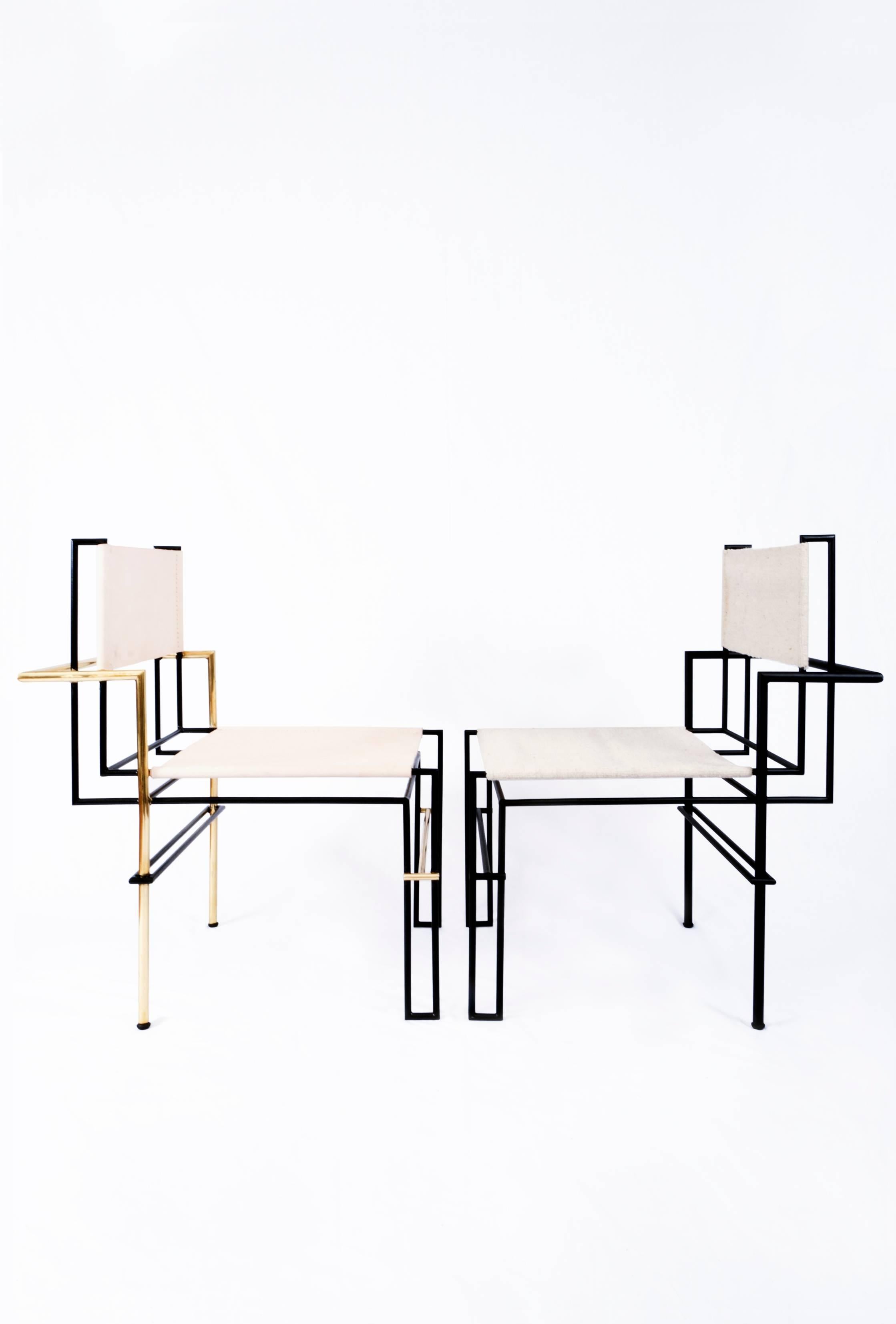 Blackened CASBAH Chair, Functionalist Inspired Brass, Vachetta Tubular by Nomade Atelier For Sale