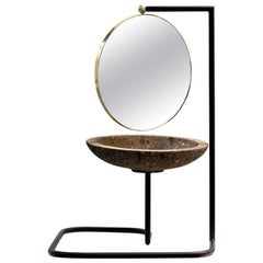 Vintage Satelite Contemporary Brass and Quarry Stone Vanity Mirror with Ironwork Stand 