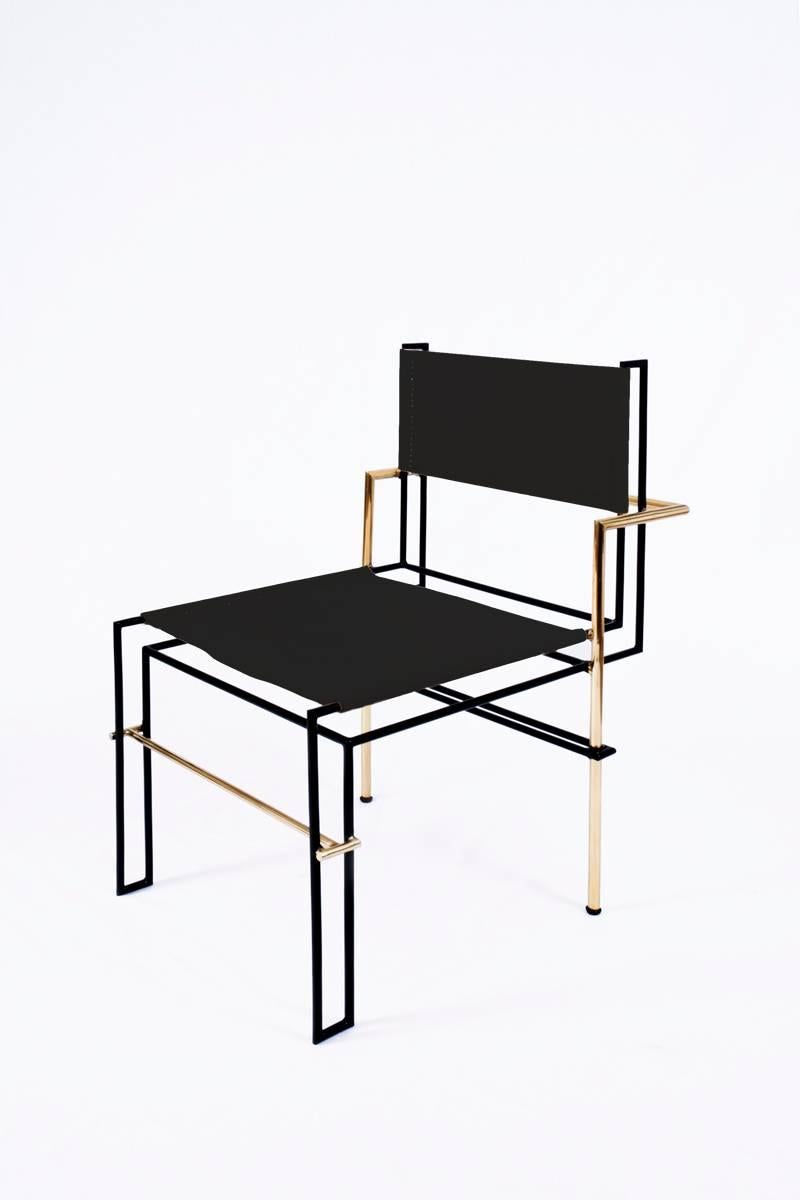 Bauhaus Chaise CASBAH, laiton d'inspiration fonctionnelle, tubulaire Vachetta par Nomade Atelier en vente
