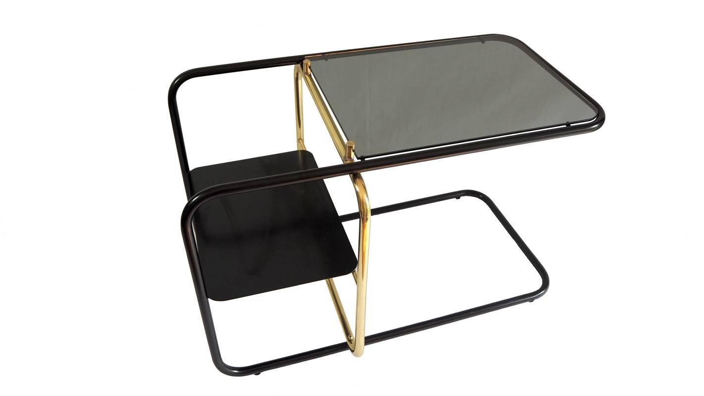 Mid-Century Modern Lateral Side Table, Brass, Iron and Smoked Glass / Nomade Atelier Design For Sale