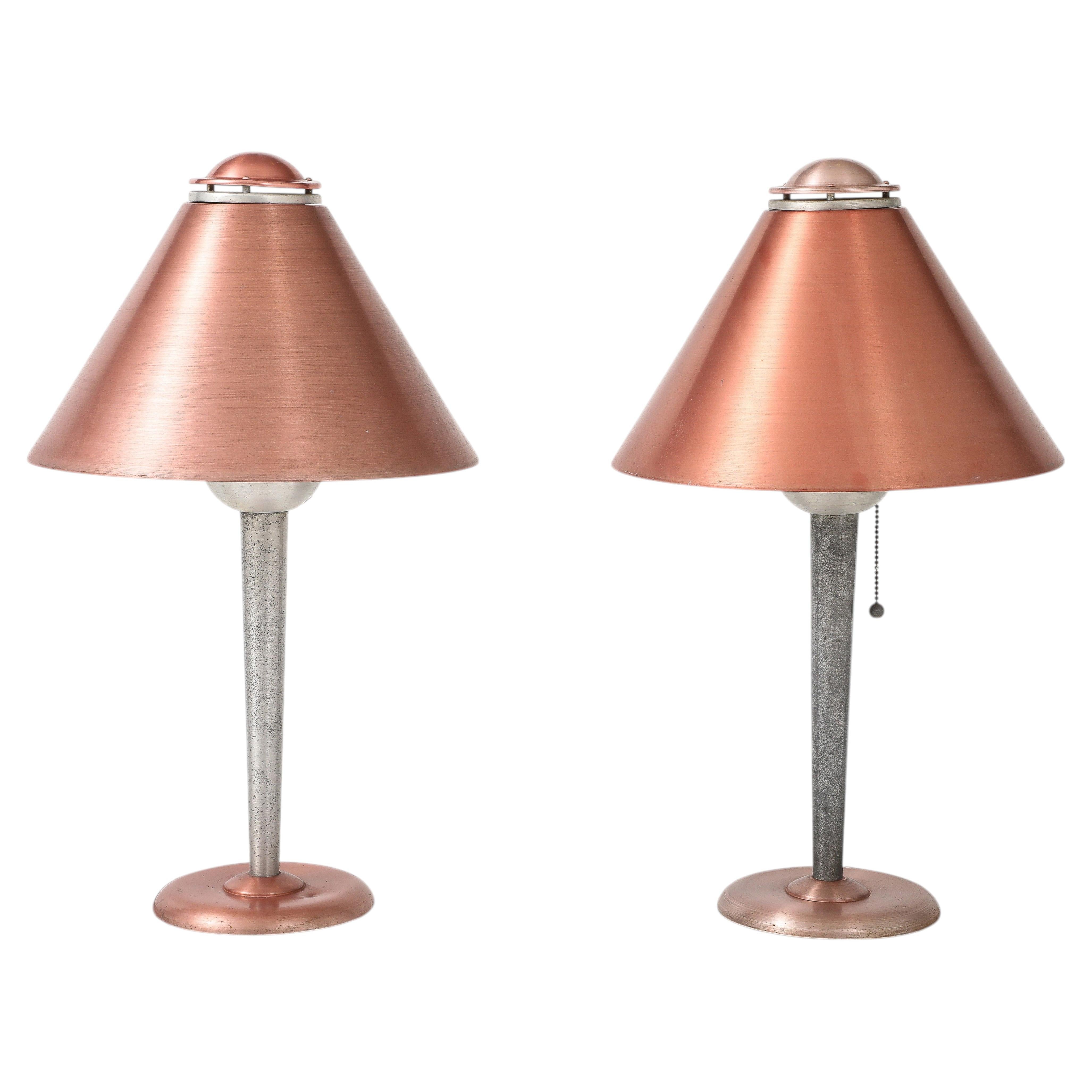 Art Deco Machine Age Spun Aluminum Lamp, Pink Anodized, Soundrite Corp., 1930s For Sale