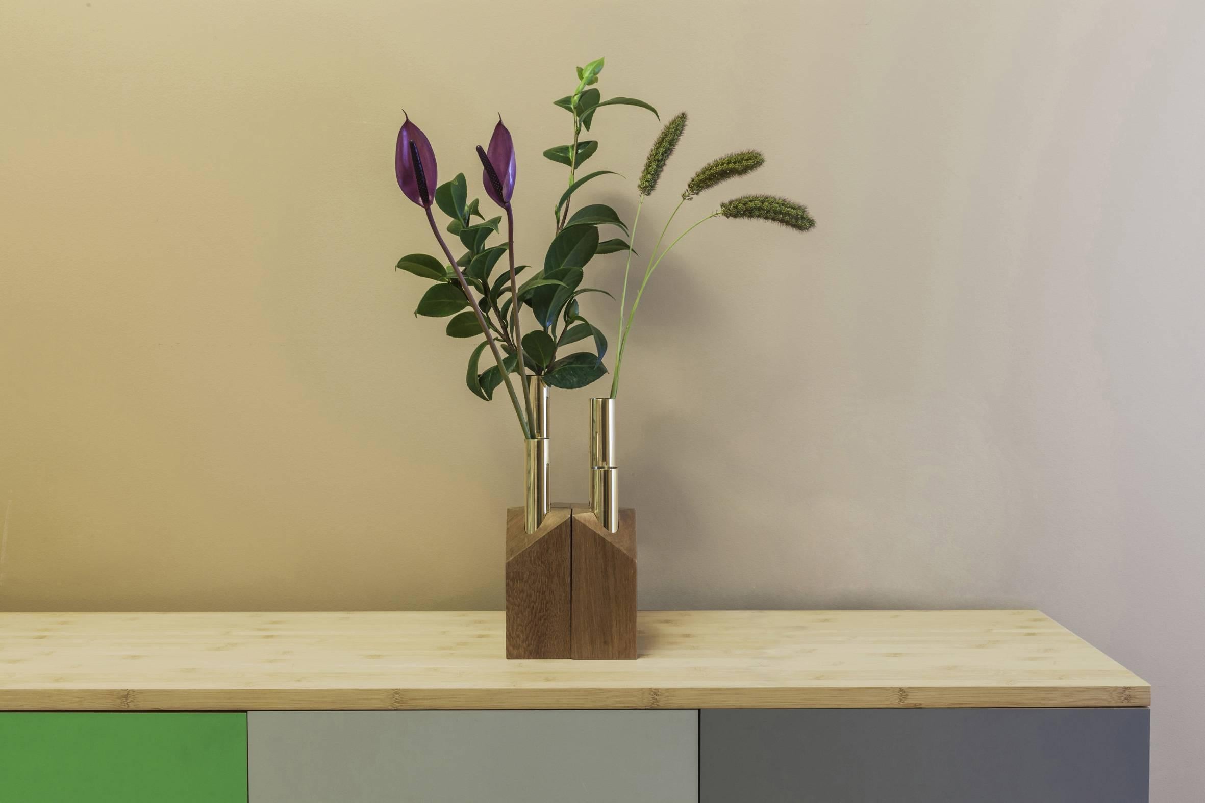 Modern Vase and Candleholder in Hardwood and Brass