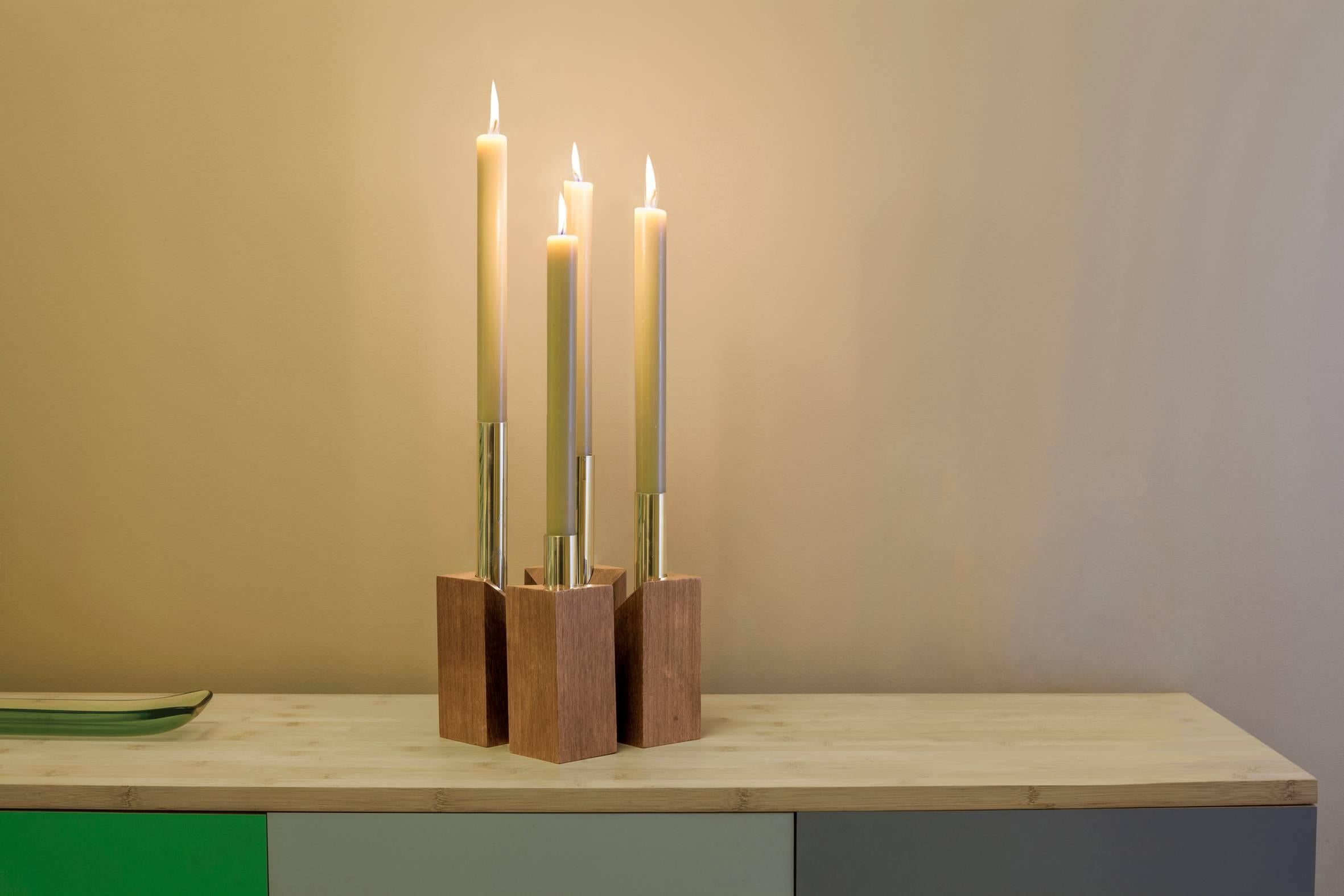 Hand-Crafted Vase and Candleholder in Hardwood and Brass