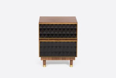 Nightstand in Brass and Walnut, Geometric Paneled Cabinets