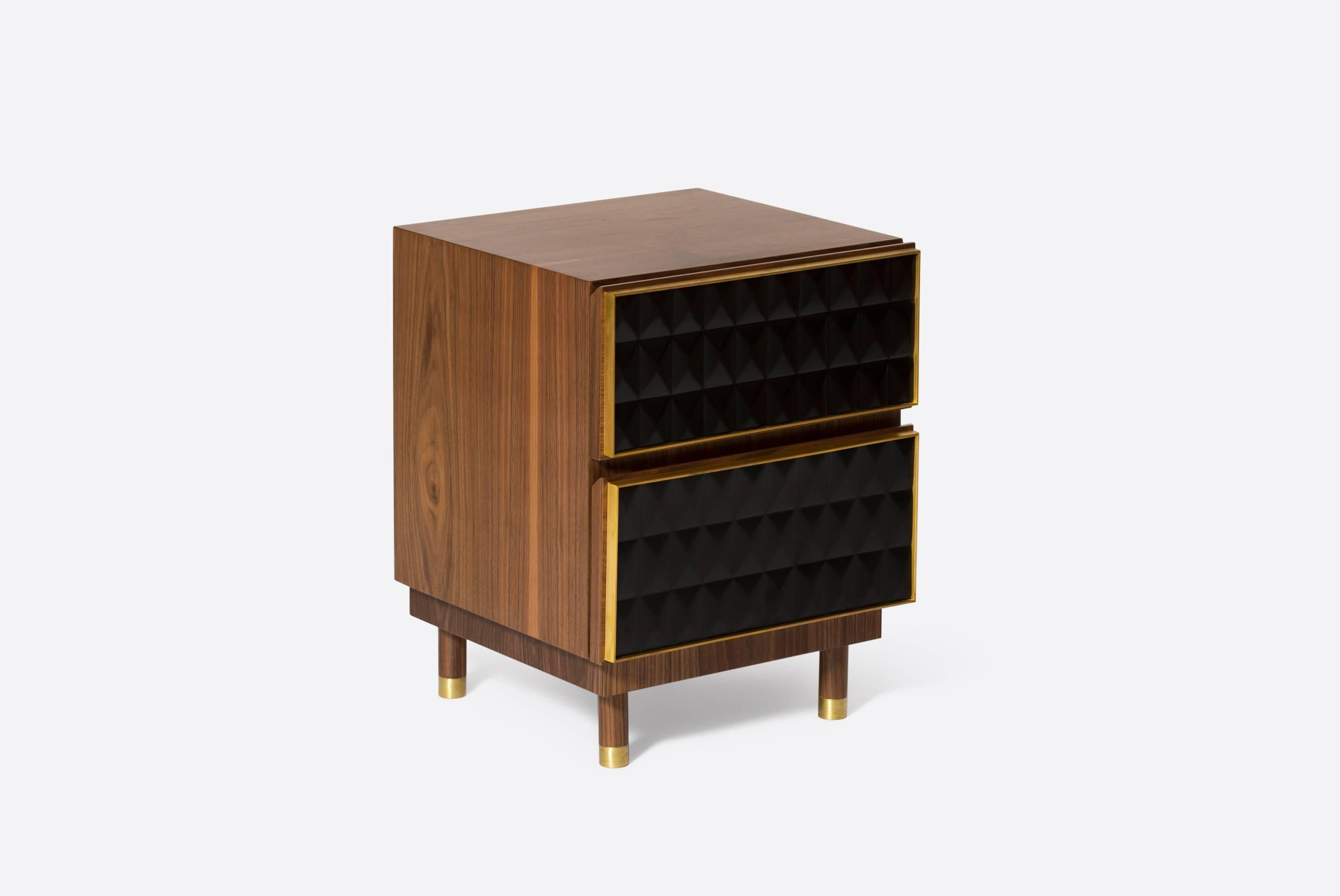 Modern Nightstand in Brass and Walnut, Geometric Paneled Cabinets For Sale