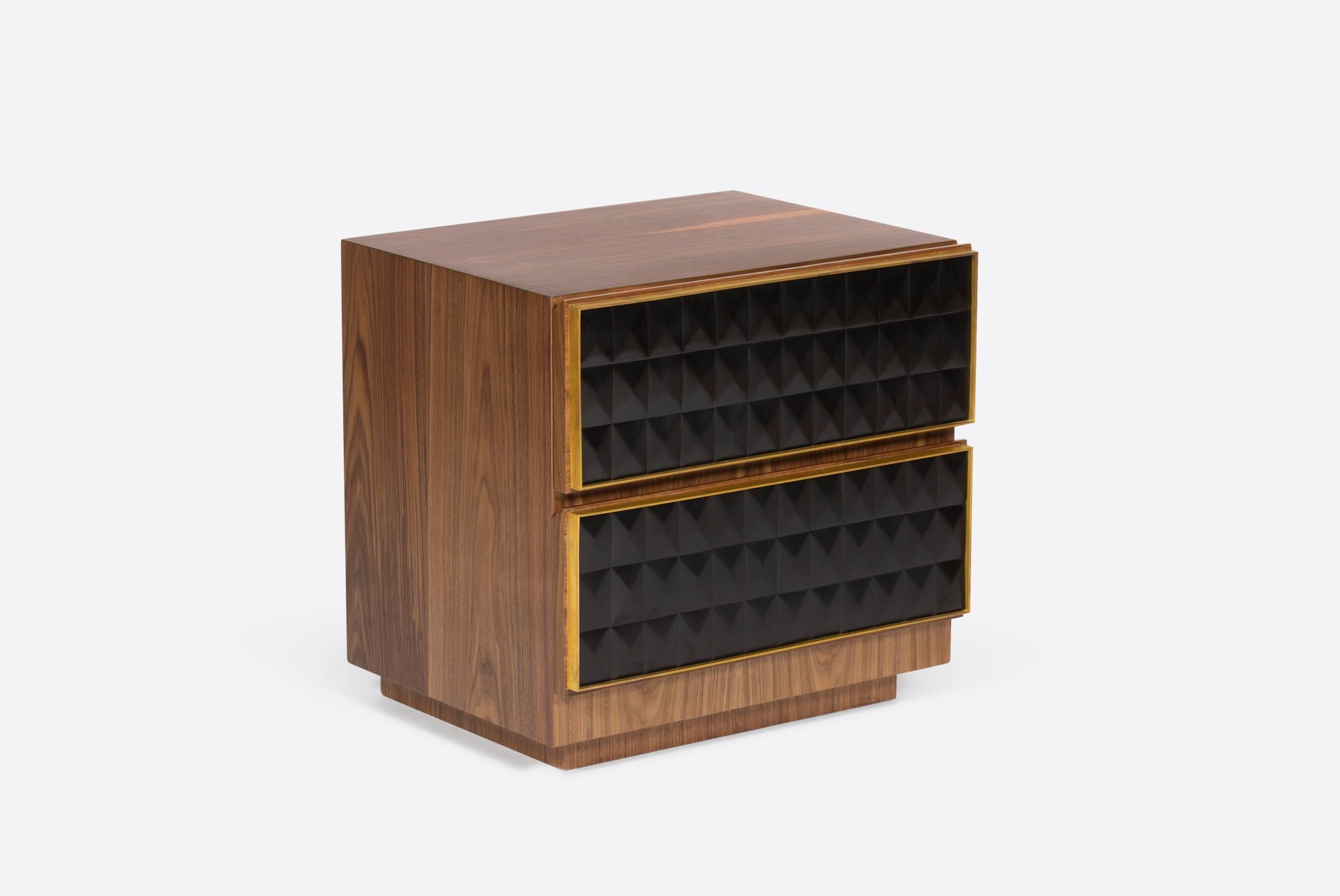 Contemporary Nightstand in Brass and Walnut, Geometric Paneled Cabinets For Sale