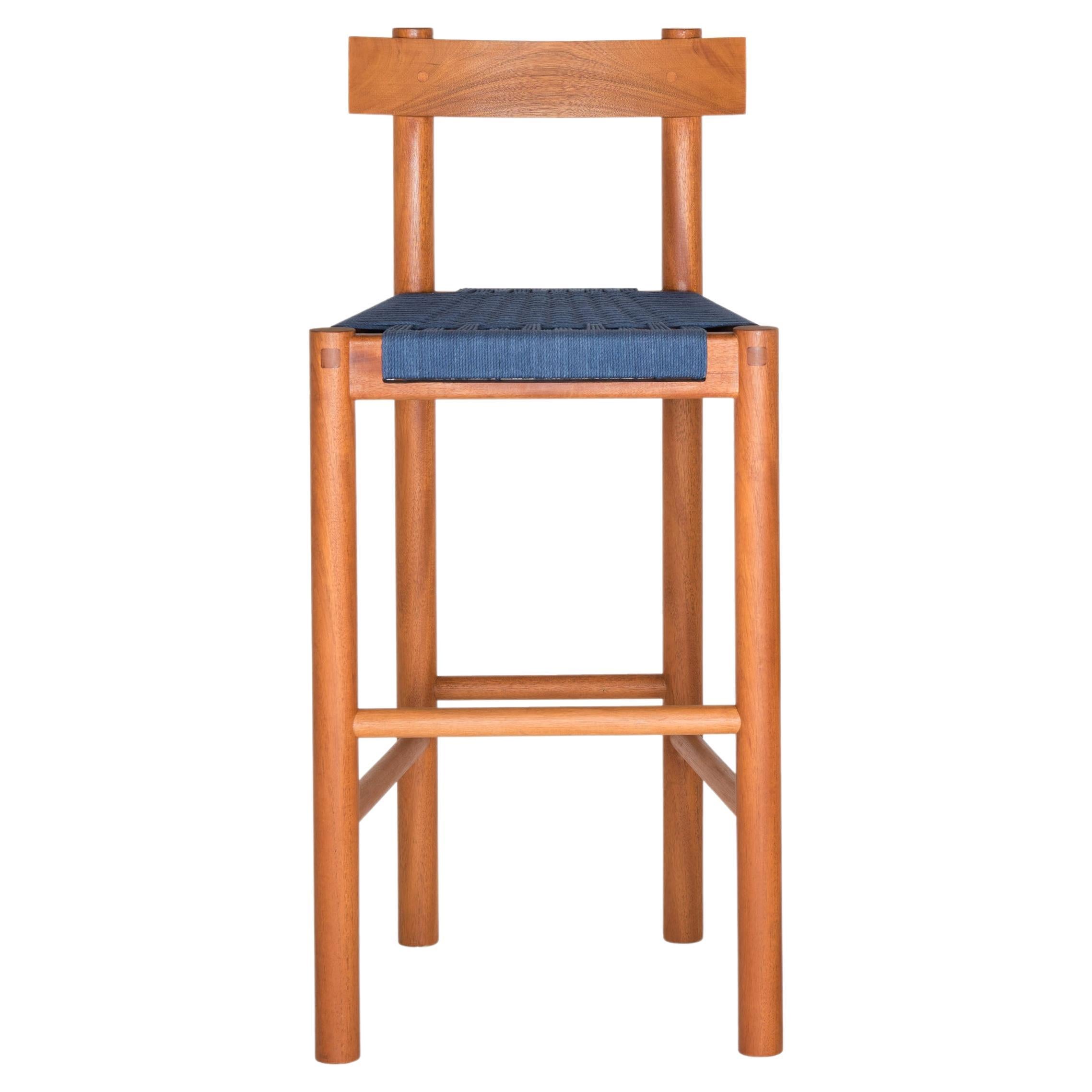 Modern Bar Stool with Handwoven Seat in Natural Caribbean Walnut For Sale