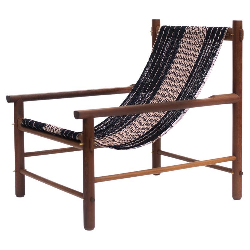 Handcrafted Lounge Chair in Tropical Wood with Black & Pale Pink Woven Detailing