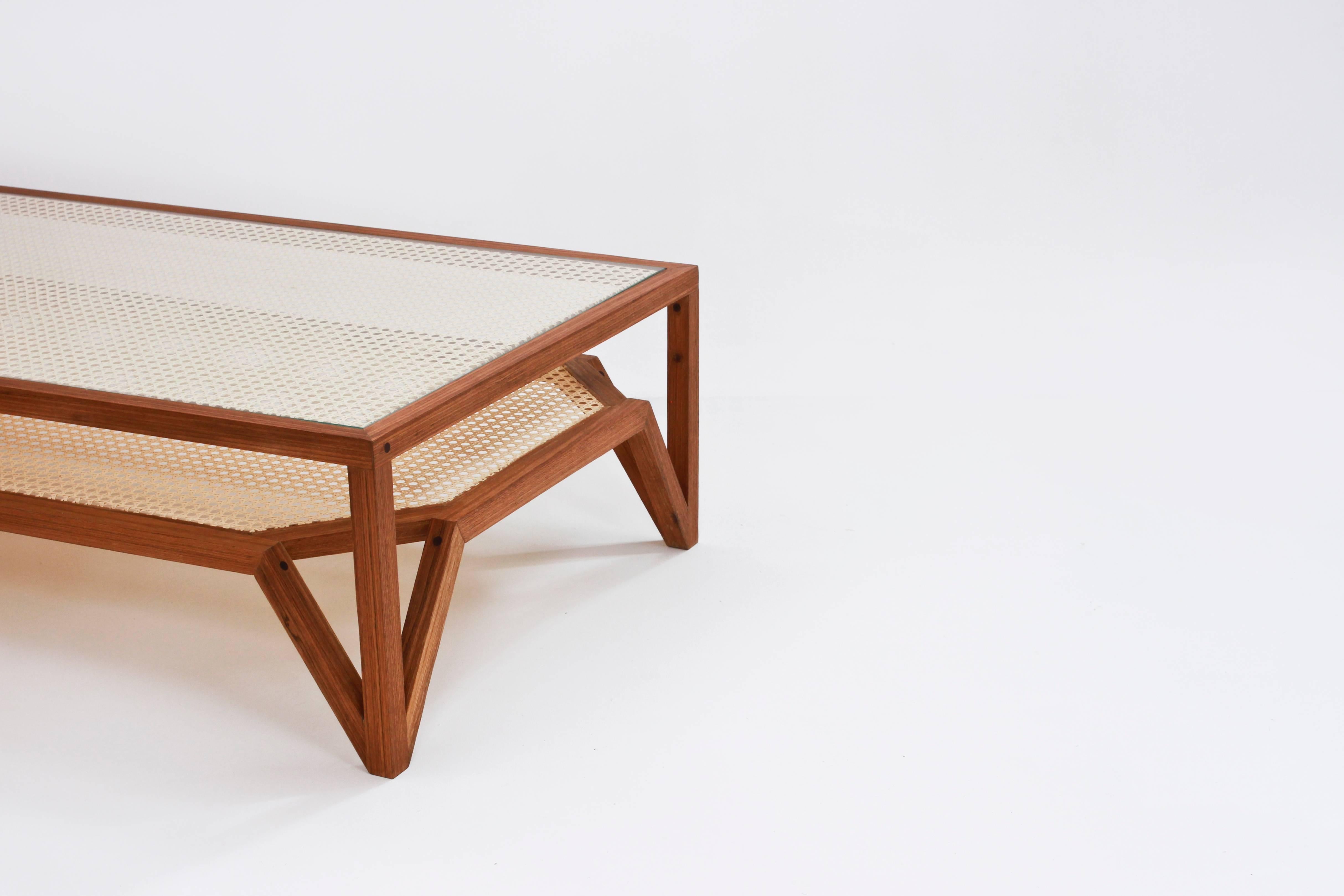 Woodwork Coffee Table in Hardwood and Woven Cane. Contemporary Design by O Formigueiro. For Sale