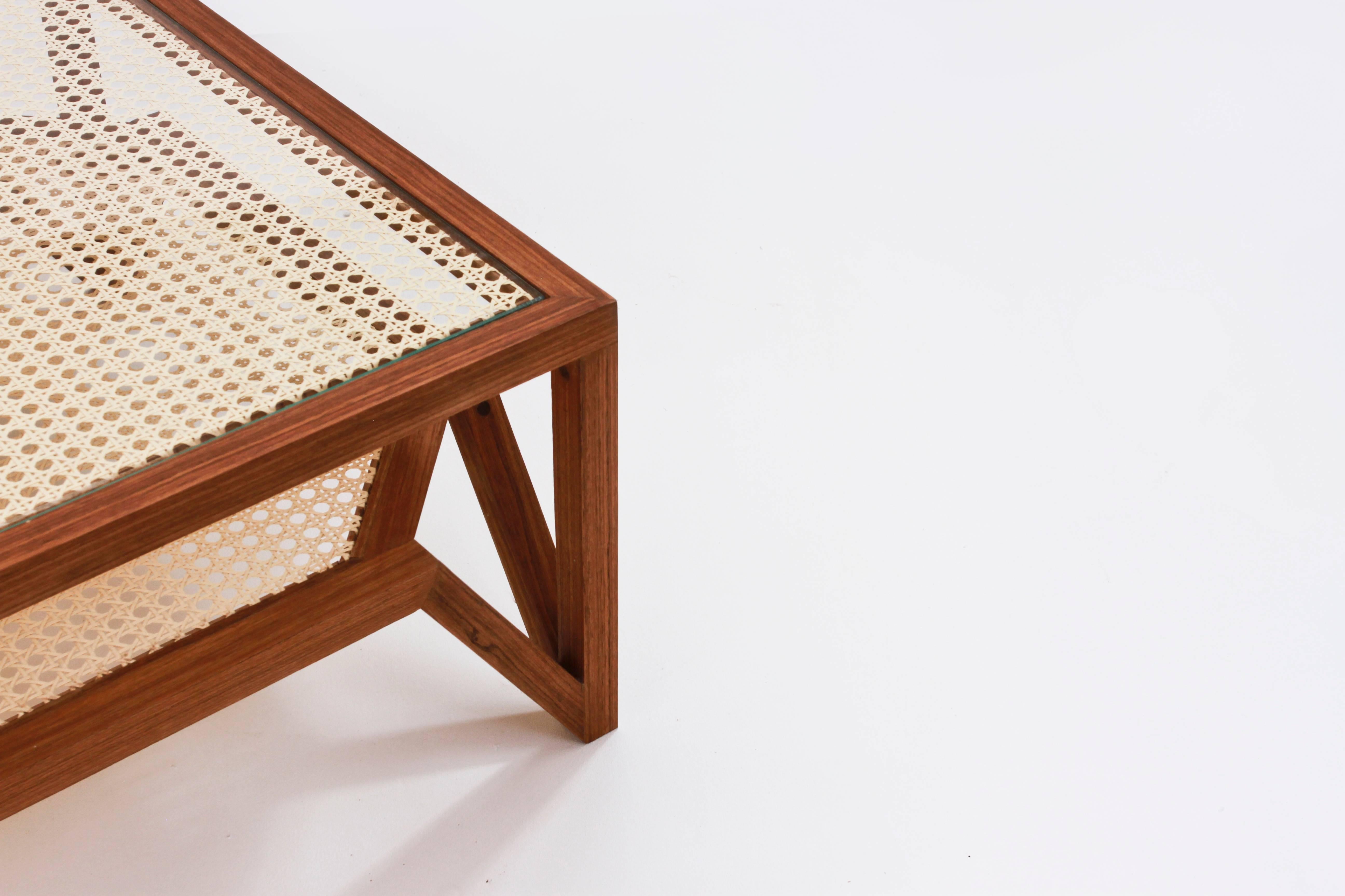 Coffee Table in Hardwood and Woven Cane. Contemporary Design by O Formigueiro. For Sale 1