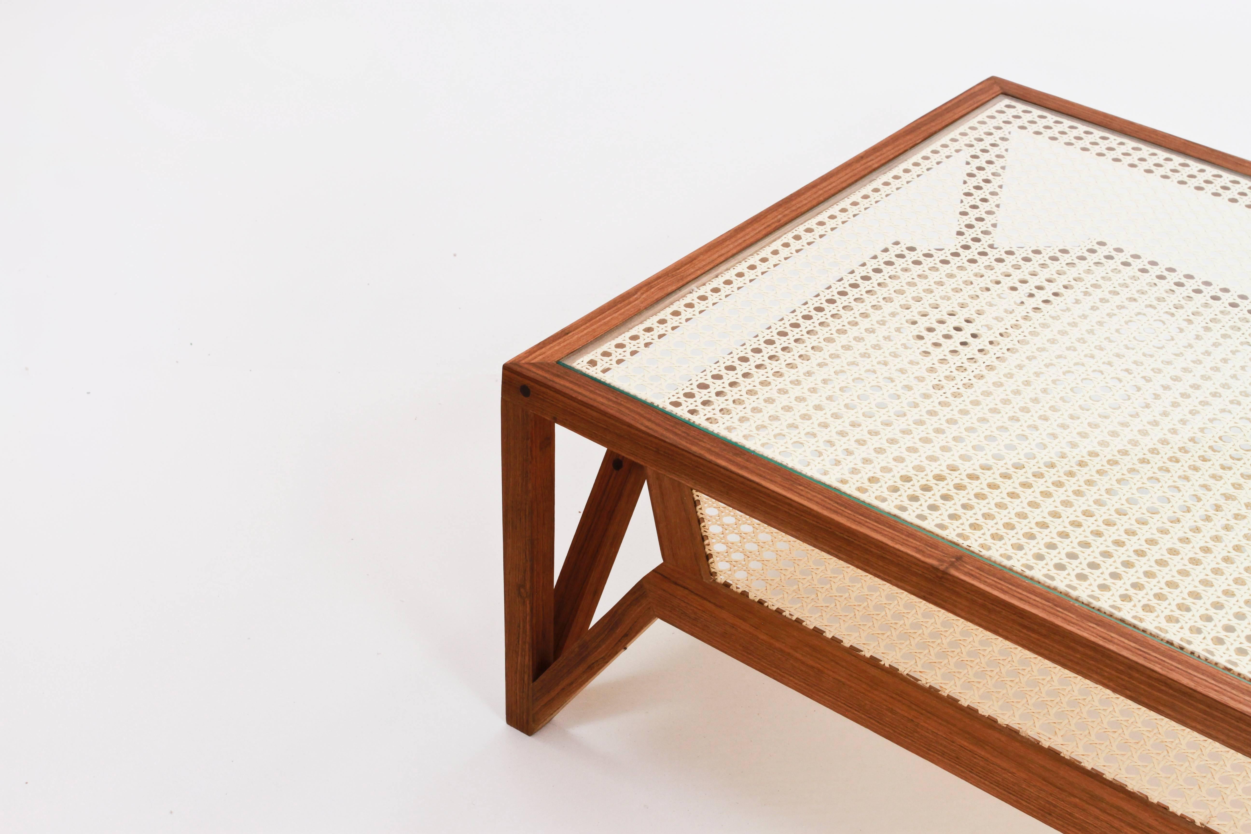 Brazilian Coffee Table in Hardwood and Woven Cane. Contemporary Design by O Formigueiro. For Sale