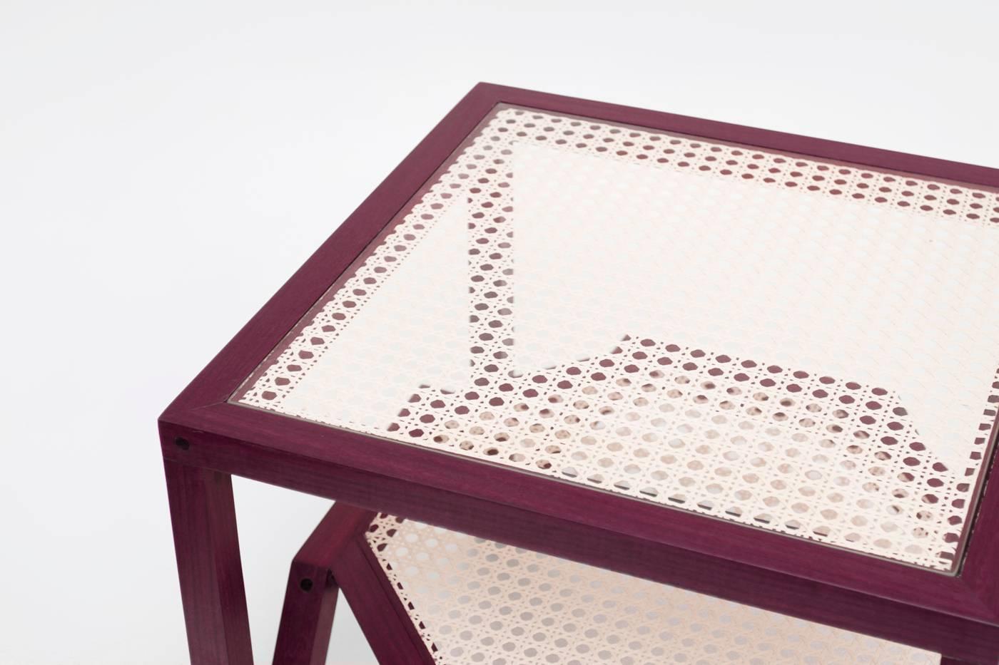 Woodwork Side Table in Hardwood and Woven Cane. Contemporary Design by O Formigueiro. For Sale