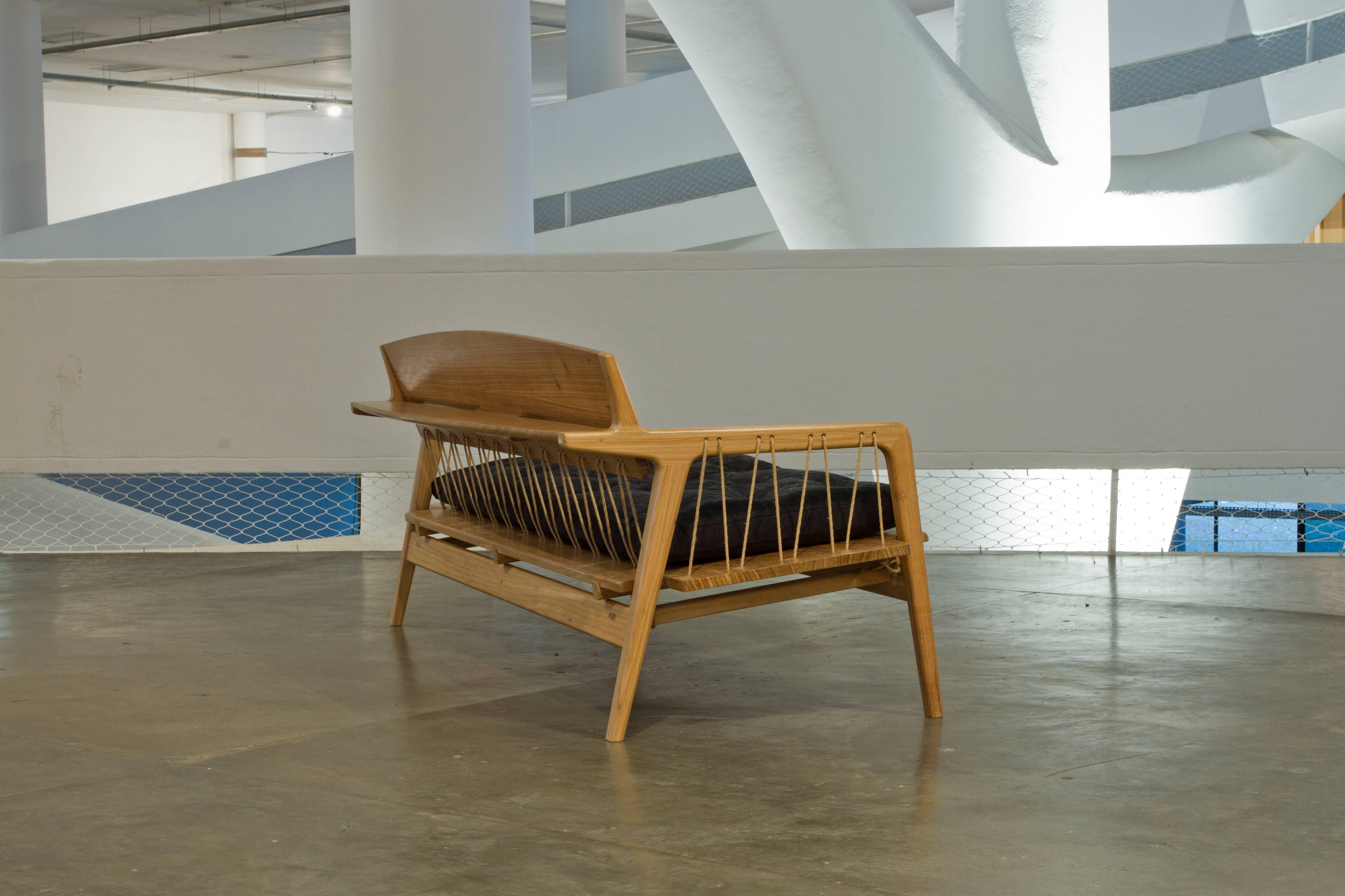 Hand-Crafted Contemporary Bench in Tropical Hardwood and Cord by Ricardo Graham Ferreira For Sale
