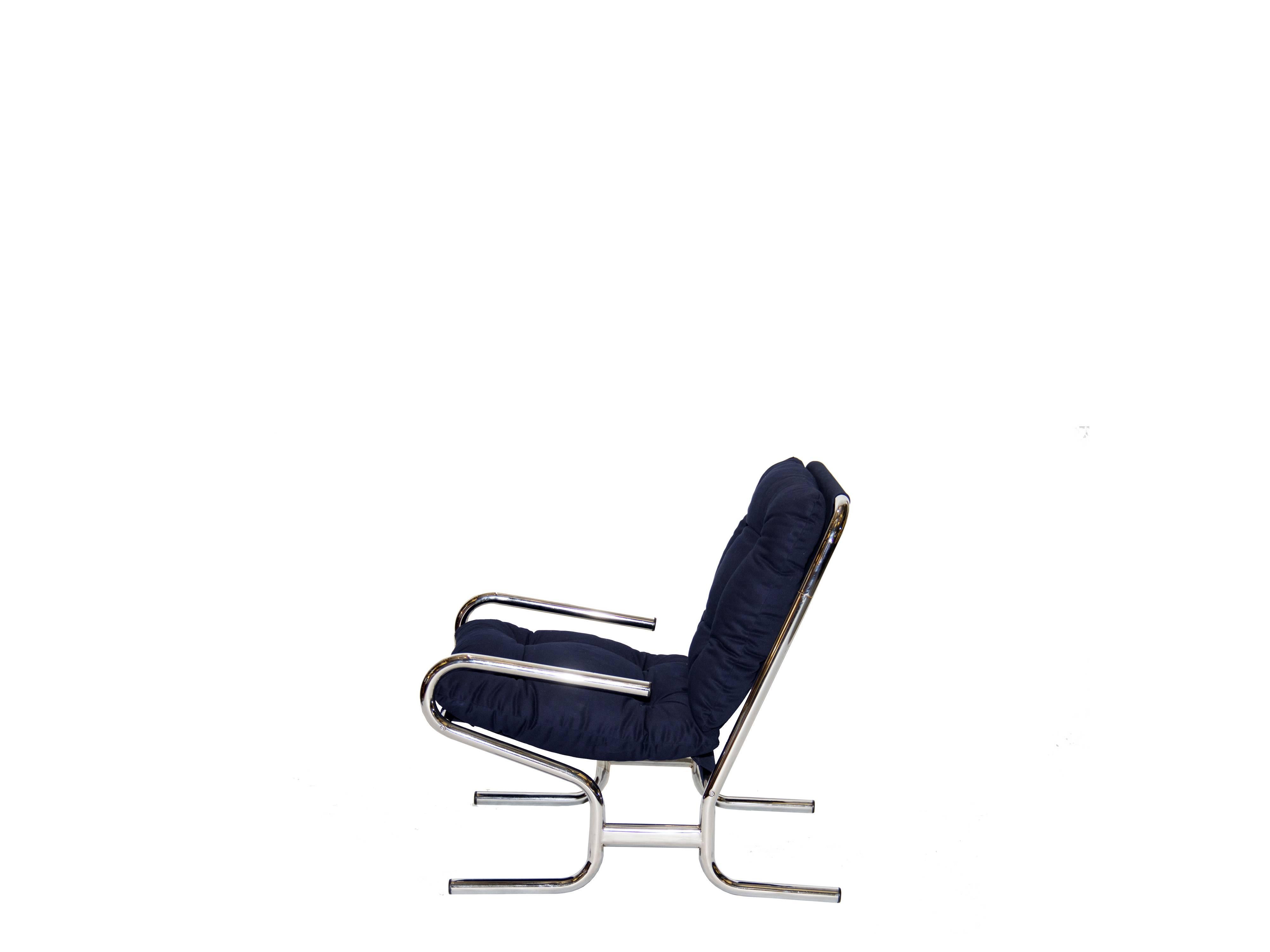 Brazilian Midcentury brazilian chromed Metal Frame Armchair and Blue Upholstery, 1970s