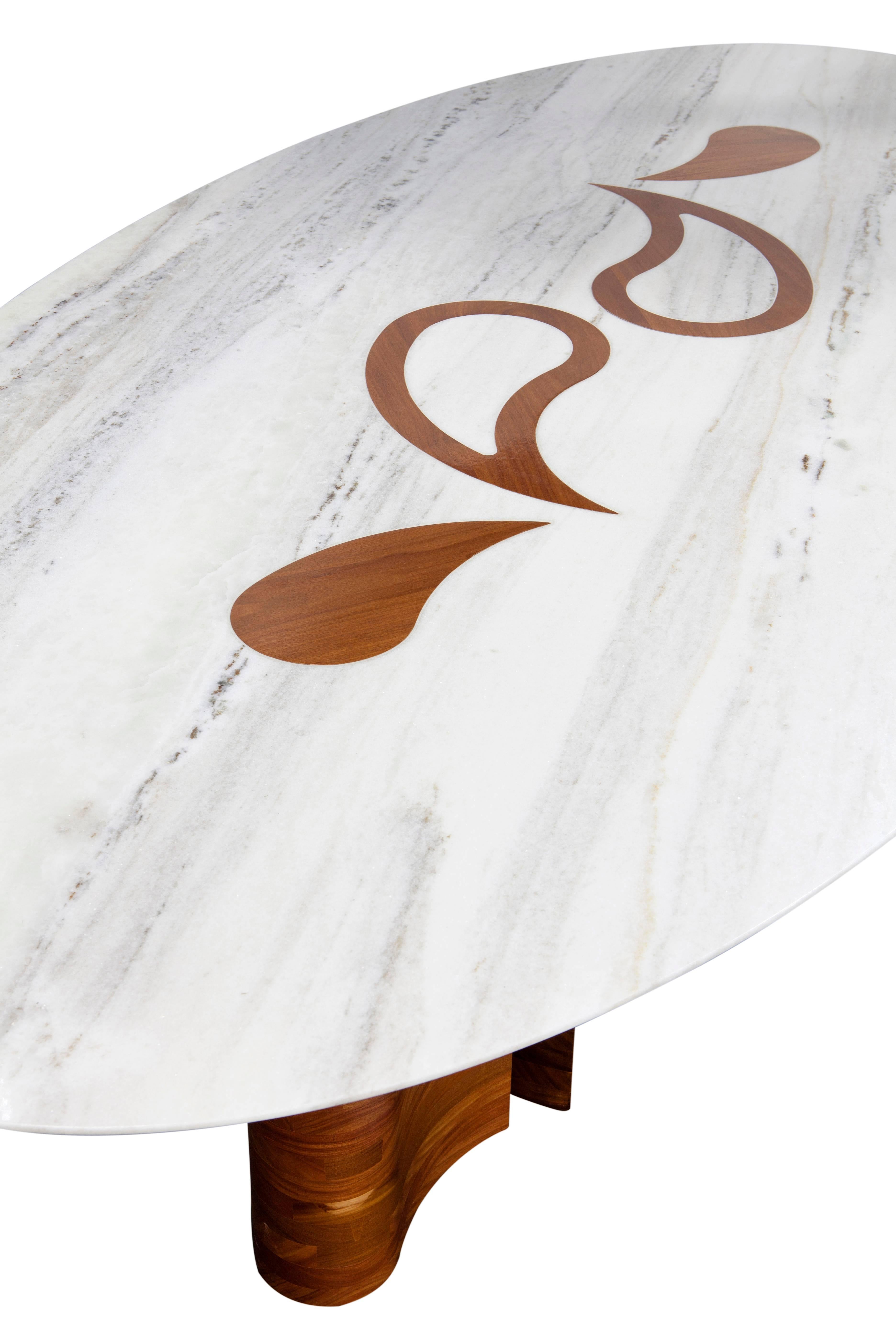 Marquetry Wood and Marble Petalas Oval Table by Brazilian Yankatu