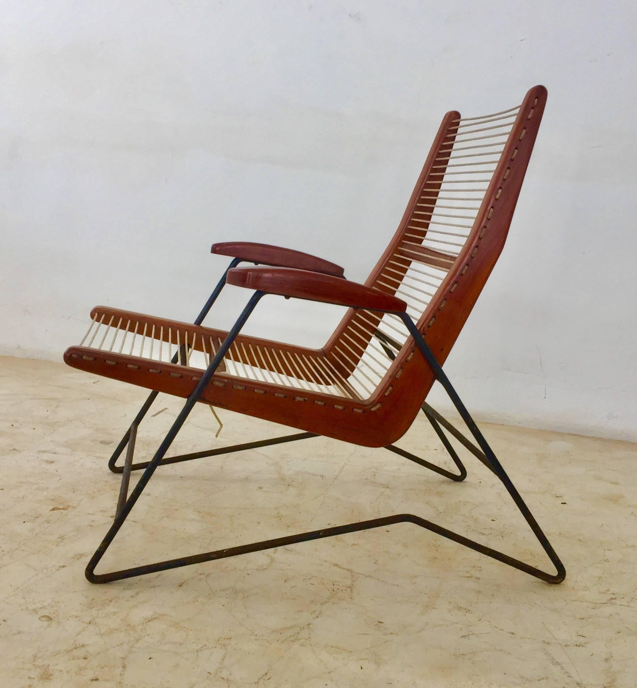 Metalwork Mid-Century Modern Armchair with Iron Structure and Wood and String Seat