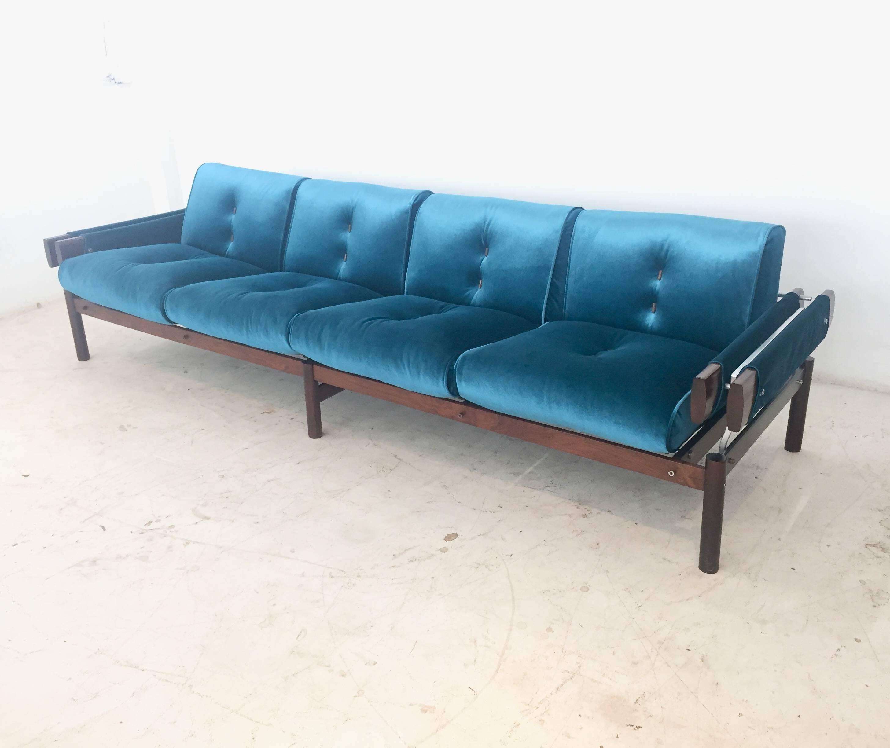 20th Century Brazilian Modern, Percival Lafer Couch, Four Seats, Rosewood and Metal Structure For Sale