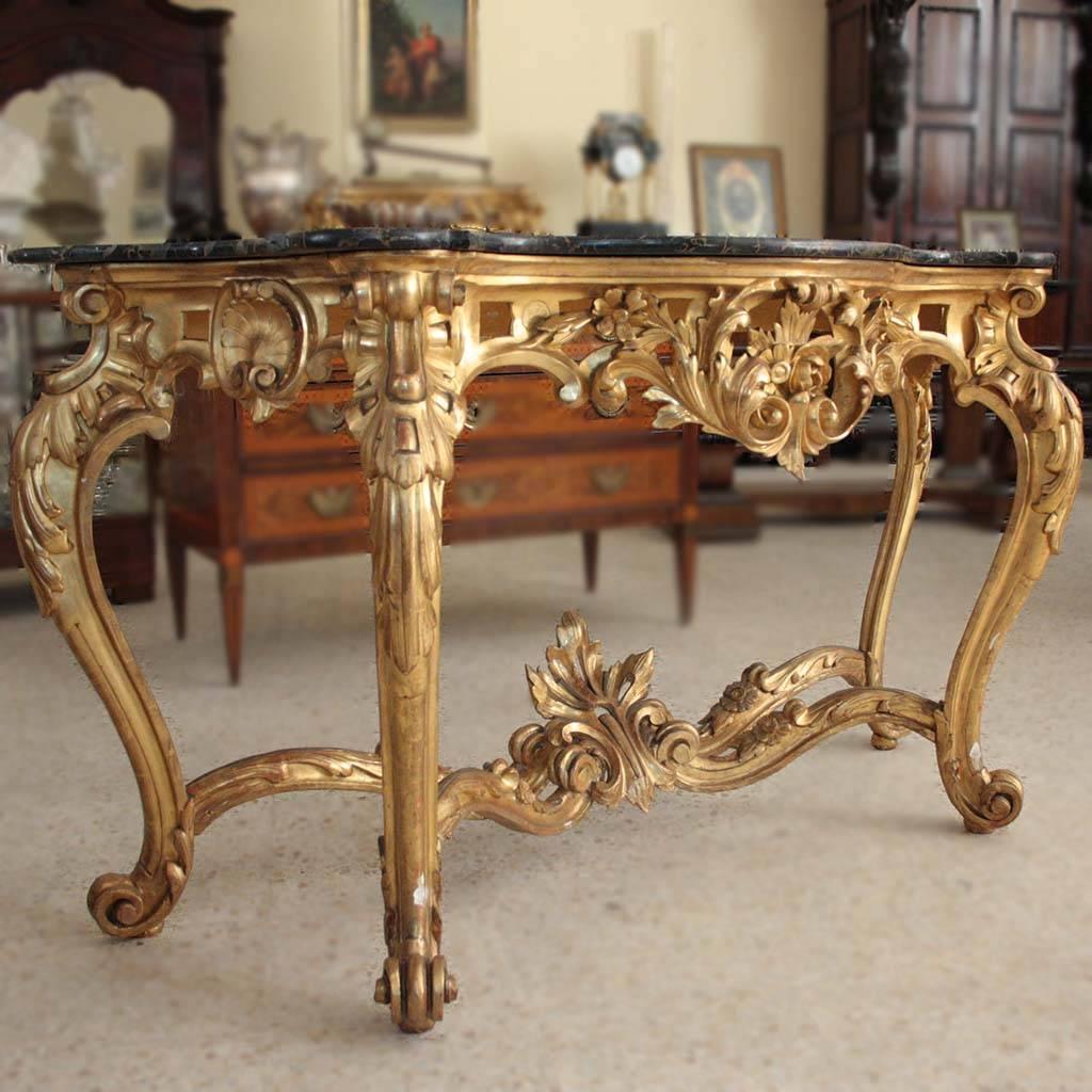 Louis XV Early 19th Century Italian Gilded Marble-Top Console Tables For Sale