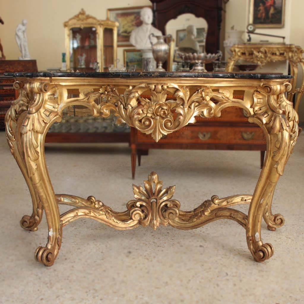 Wood Early 19th Century Italian Gilded Marble-Top Console Tables For Sale