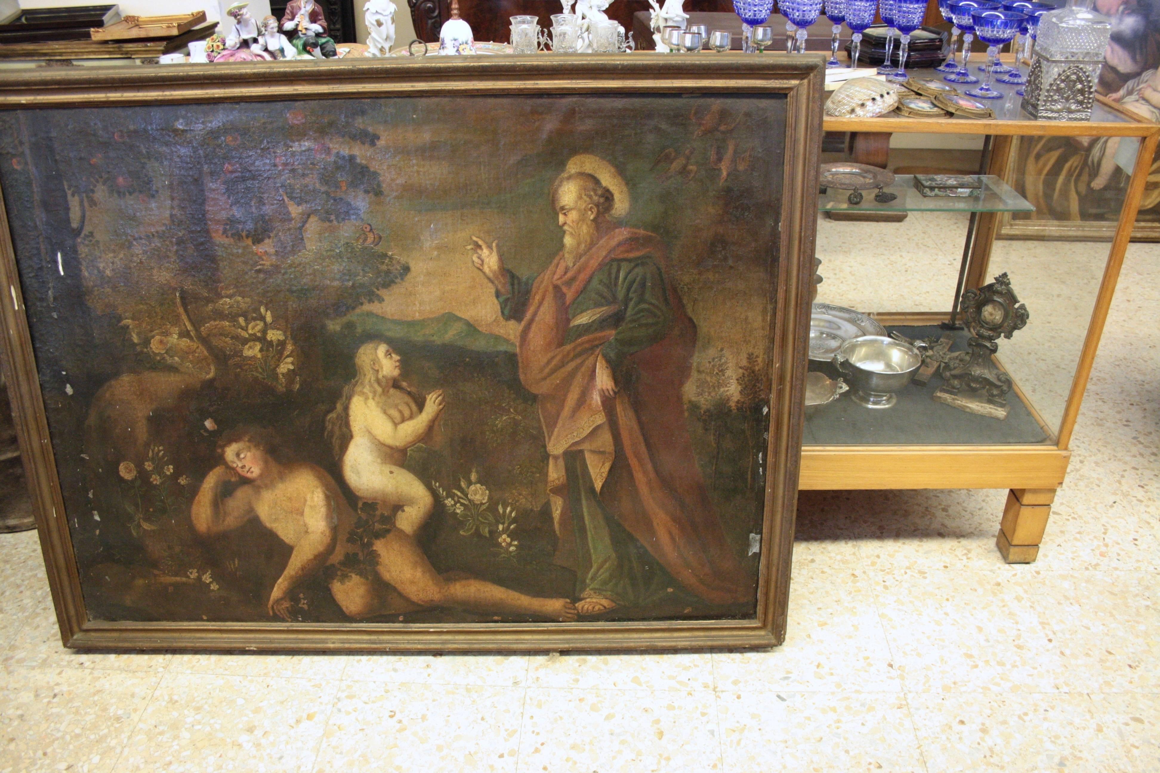 17th century old painting, Italian, oil on canvas the creation of Eve
Great masterpiece of authentic Italian painting history, The Creation of Eve, with Adam.
Painting in his original state on his original frame.
Measures: Lenght 135 cm
Height