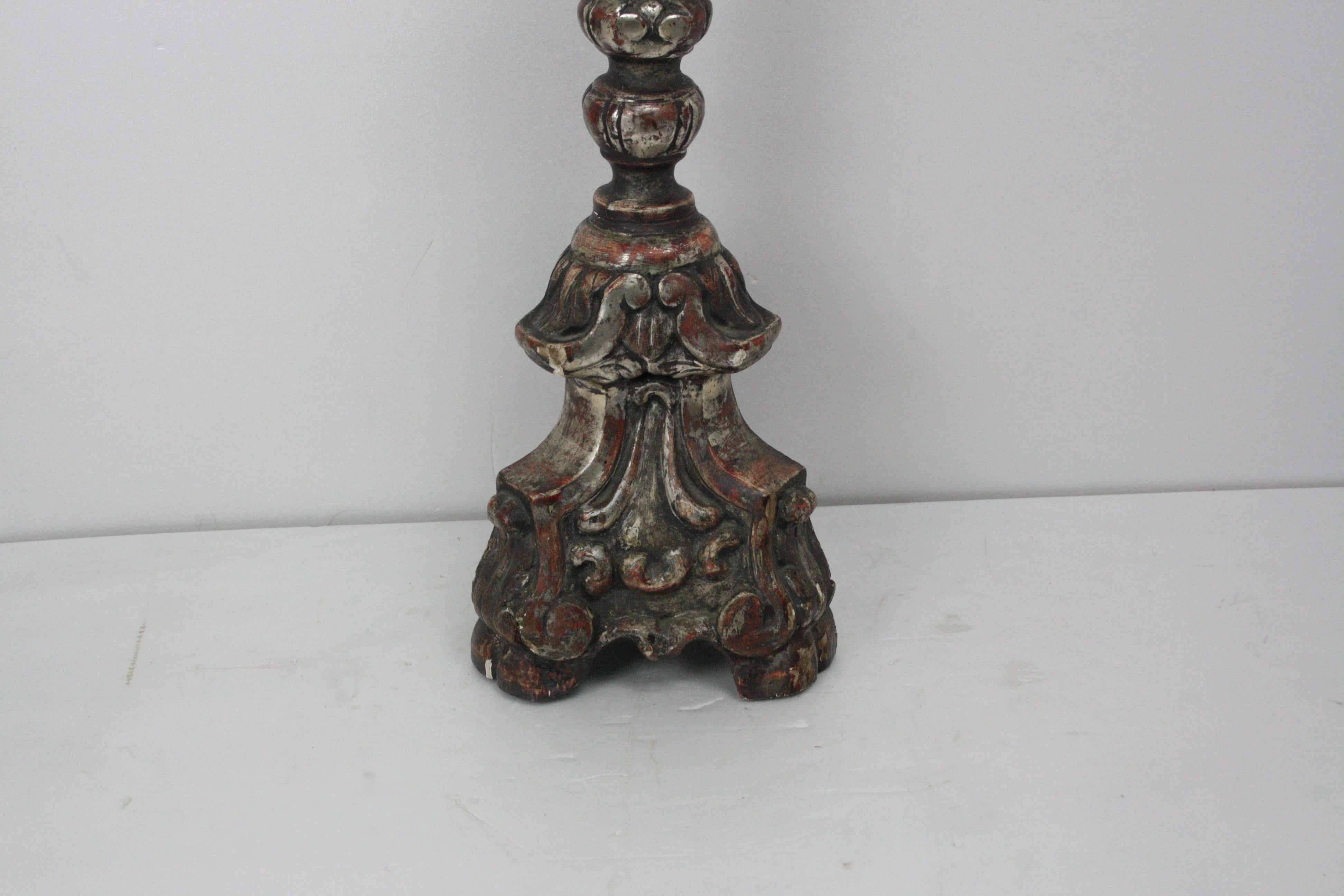 Carved 18th Century Silver Leaf Italian Wood Neoclassical Candlestick For Sale