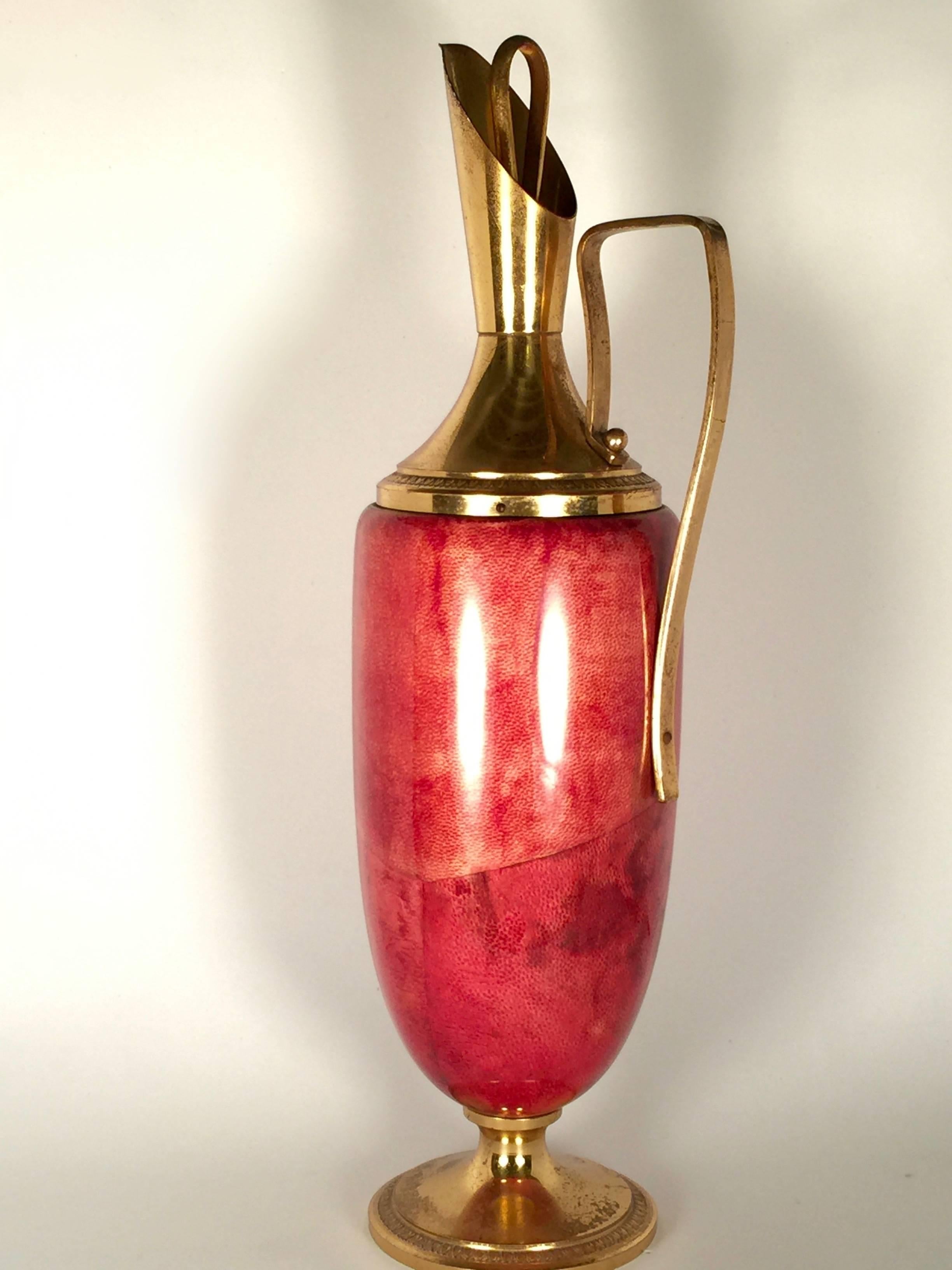 Mid-20th Century Vintage Aldo Tura Carafe Rubi Goatskin and Brass Pitcher, 1940s, Italy For Sale