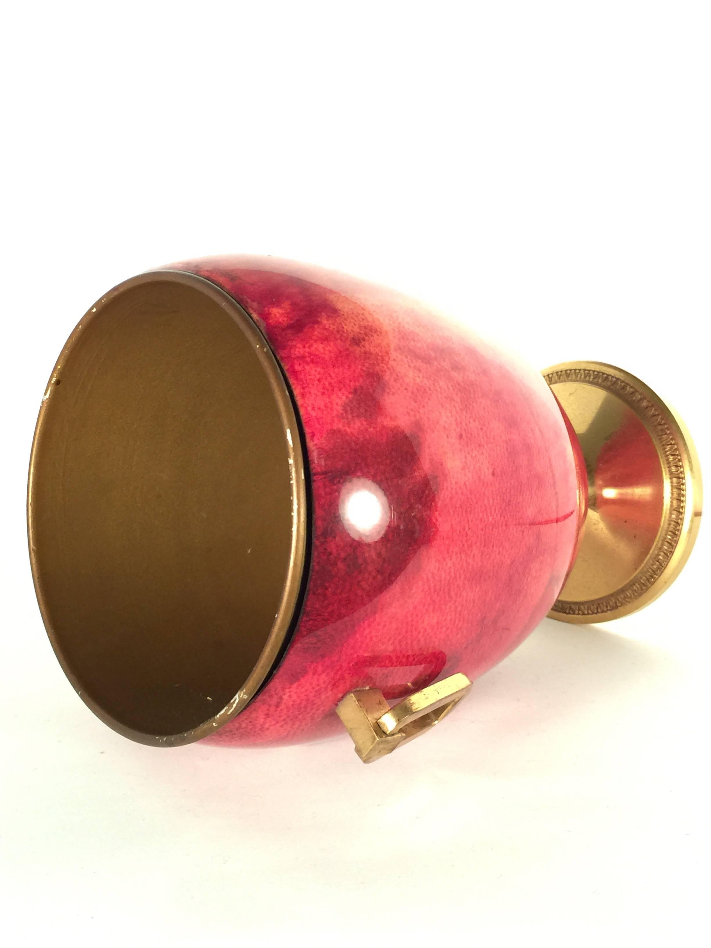 Mid-Century Modern Vintage Aldo Tura Ruby Red Goatskin and Brass Ice Bucket, 1940s, Italy For Sale