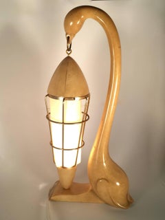 Vintage Aldo Tura Swan Goatskin Wood and Brass Lamp, 1950s, Italy