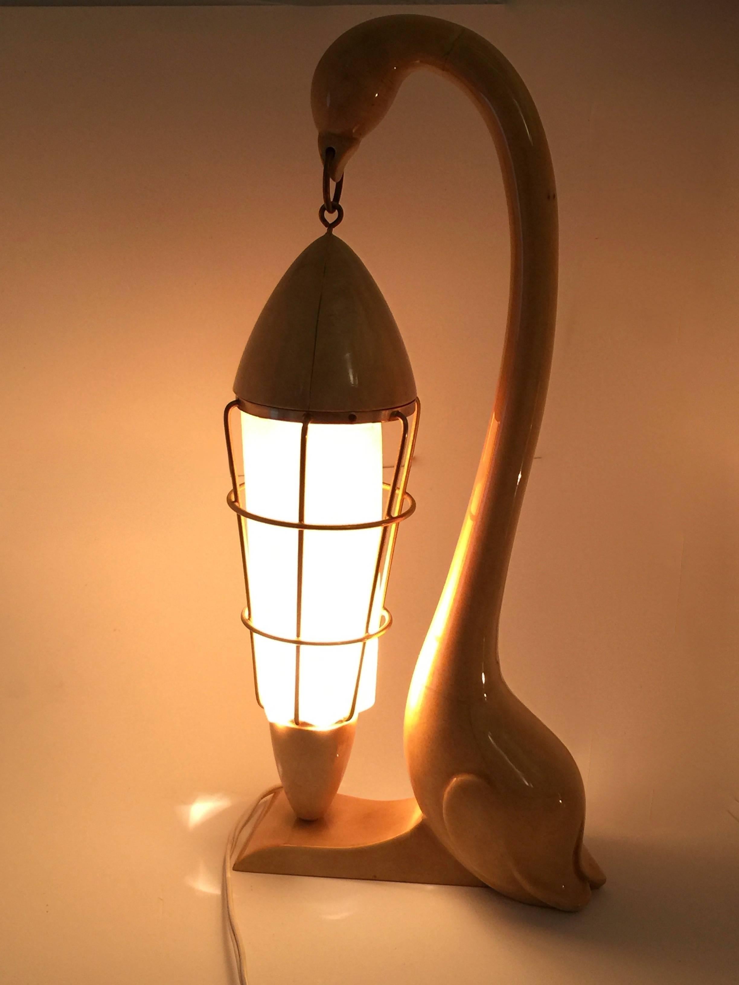 Mid-Century Modern Vintage Aldo Tura Swan Goatskin Wood and Brass Lamp, 1950s, Italy For Sale