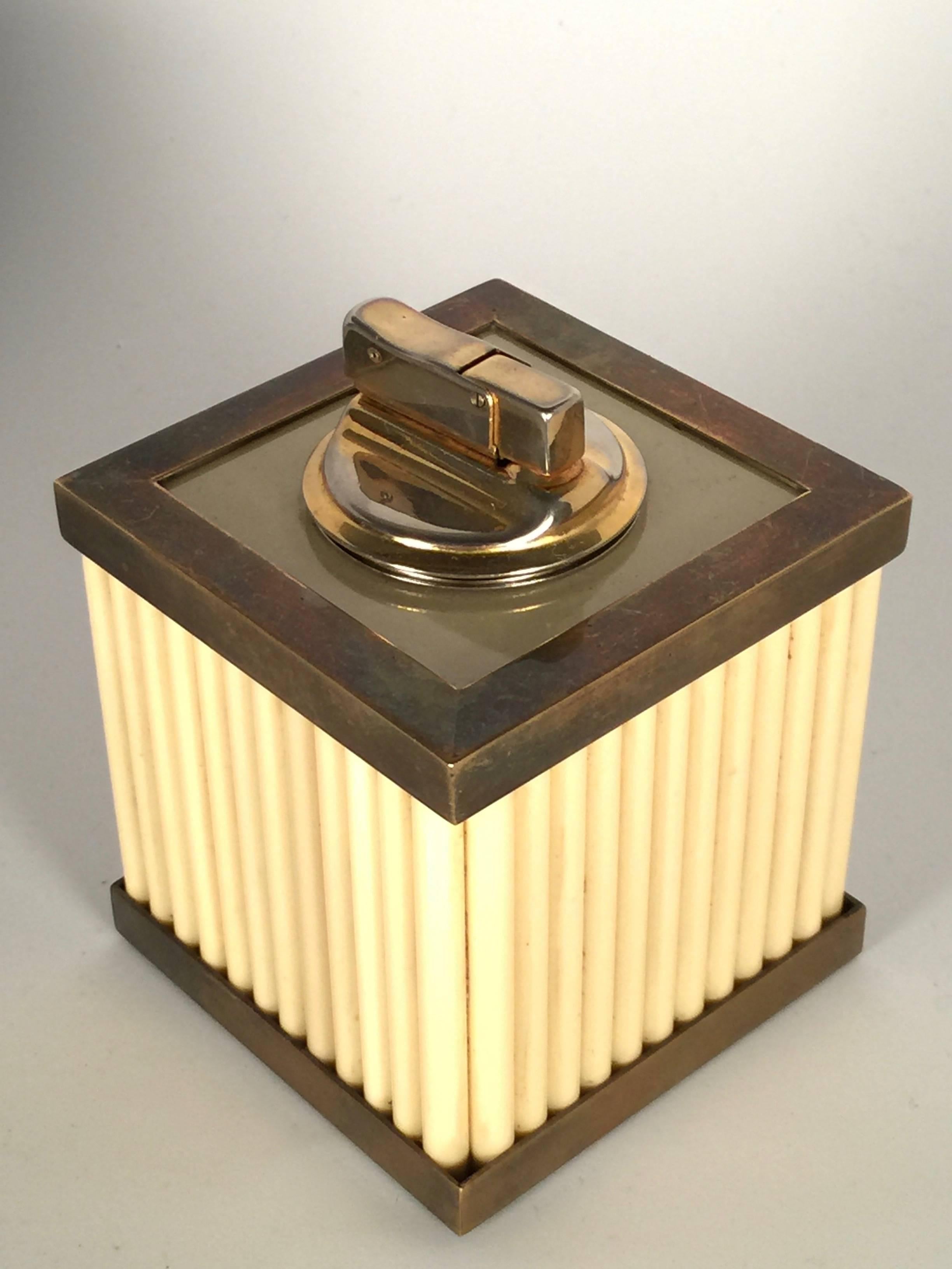 Italian Vintage Signed Tommaso Barbi Lucite and Brass Table Lighter, 1970s, Italy