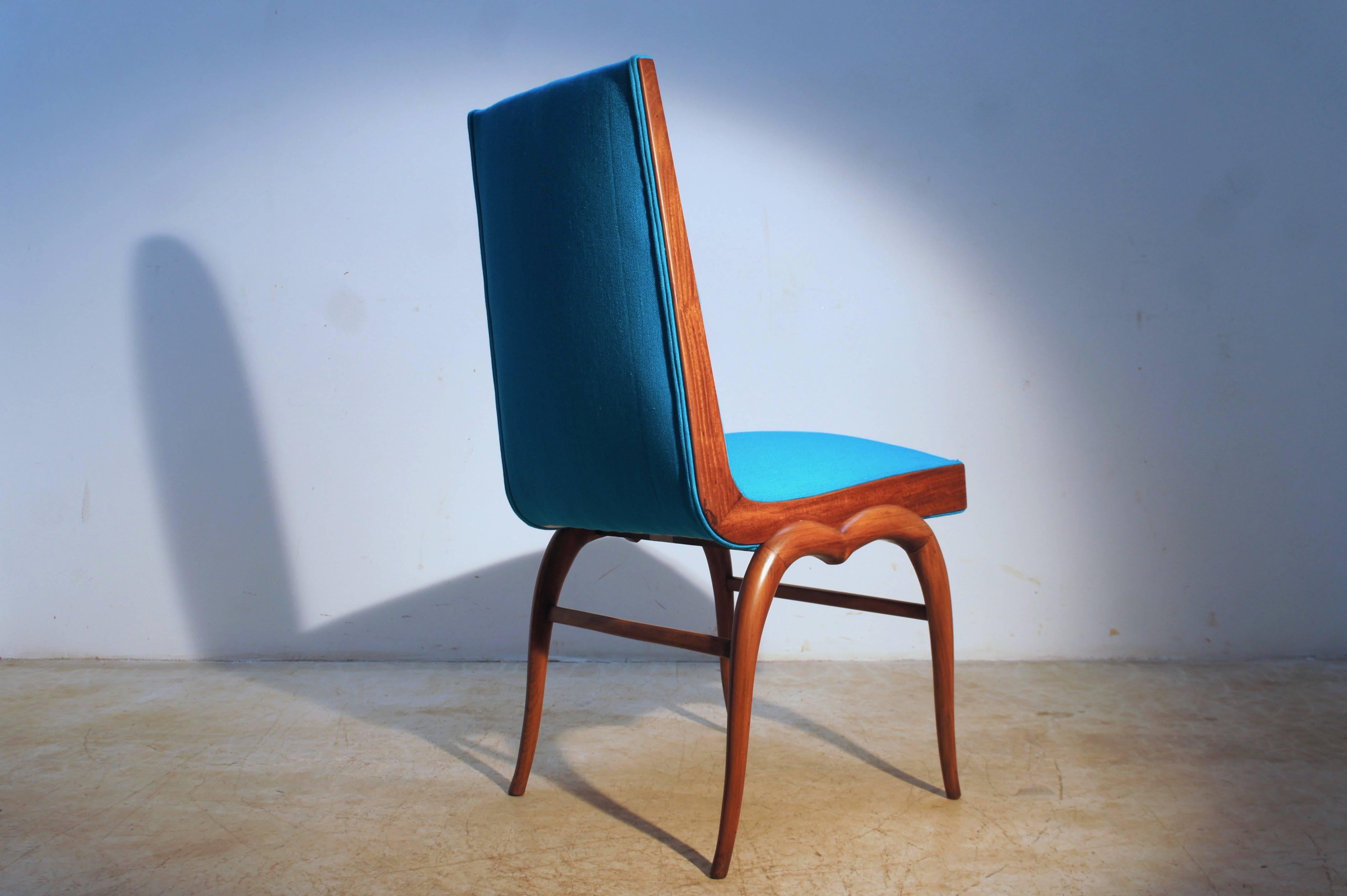 Wood Giuseppe Scapinelli. Mid-Century Modern Set of Eight Blue Chairs For Sale