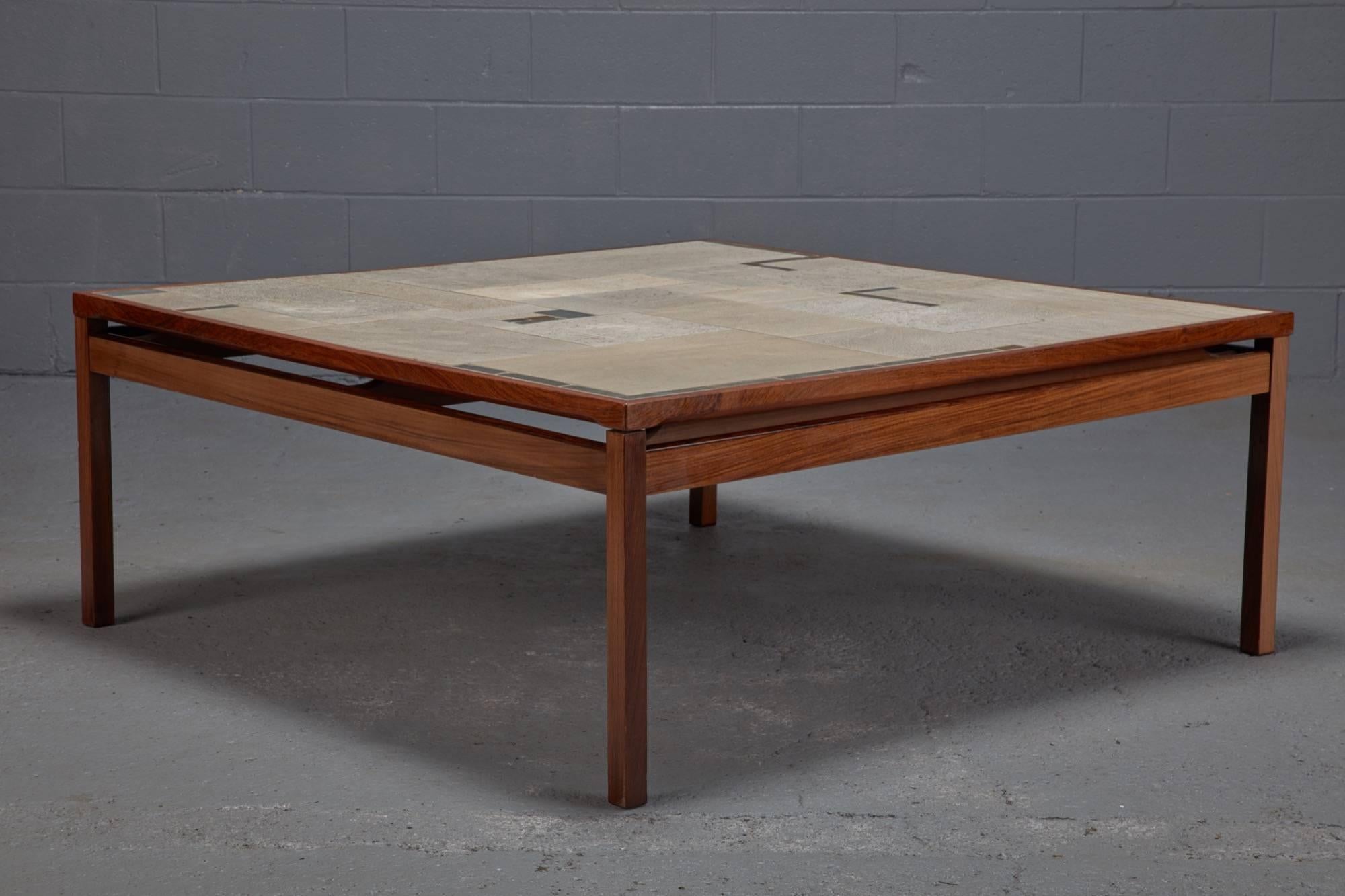 Large Danish modern mid-century rosewood and tile coffee table.