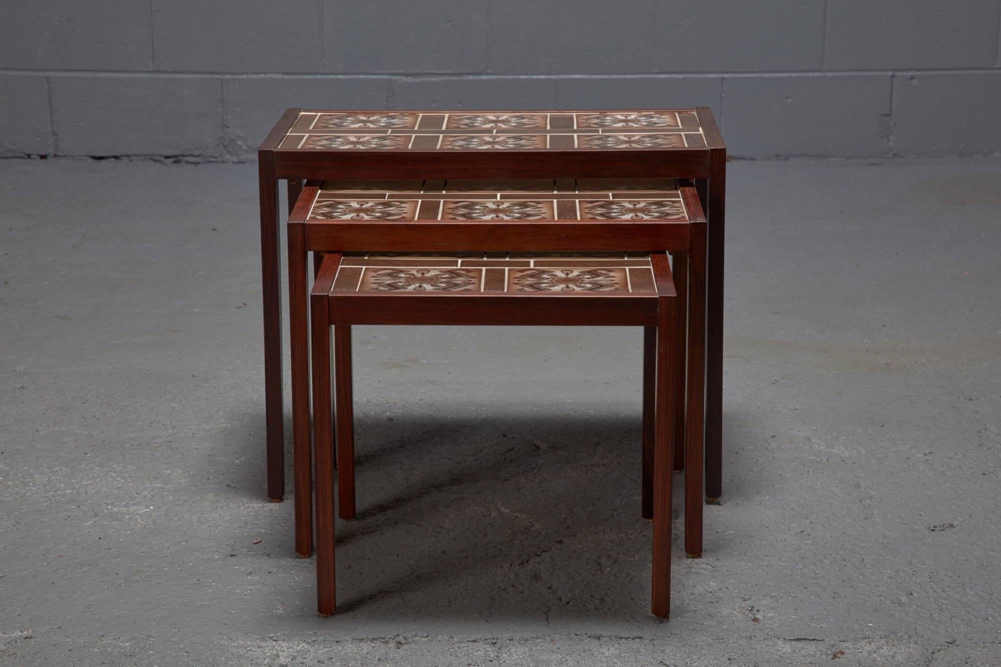 Mid-20th Century Set of Three Rosewood and Tile Danish Modern Nesting Tables For Sale