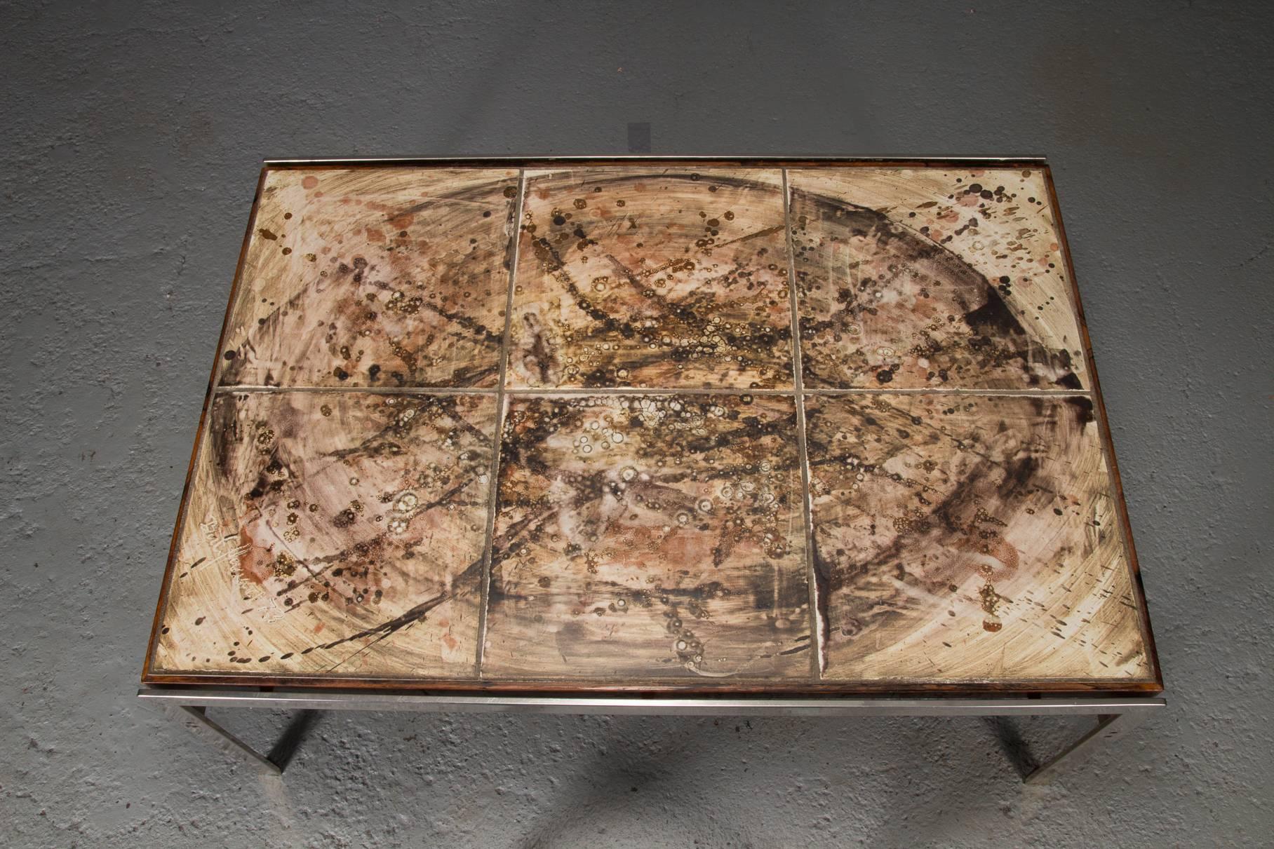 Mid-Century Modern Hand-Painted Tile Coffee Table with Rosewood and Chrome Frame For Sale