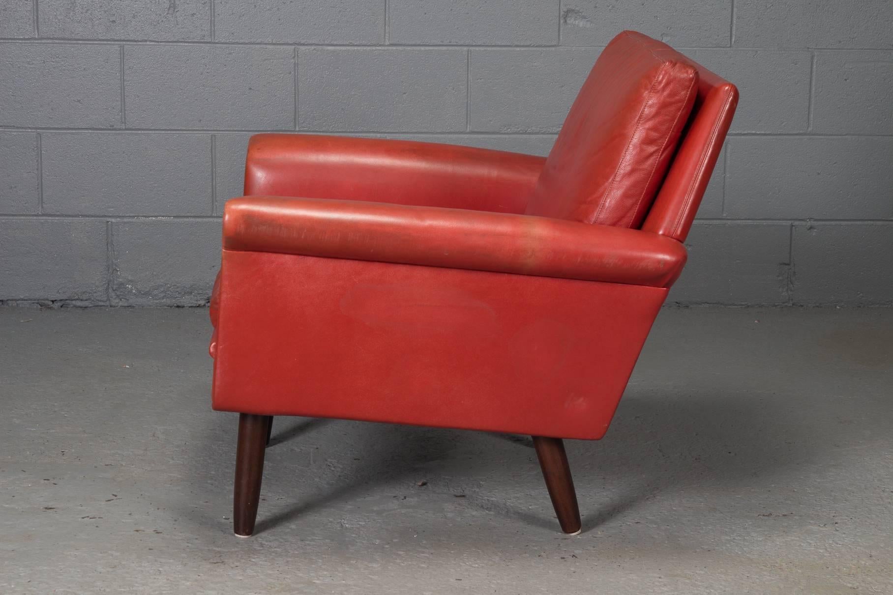 Mid-Century Modern Red Leather Danish Modern Armchair