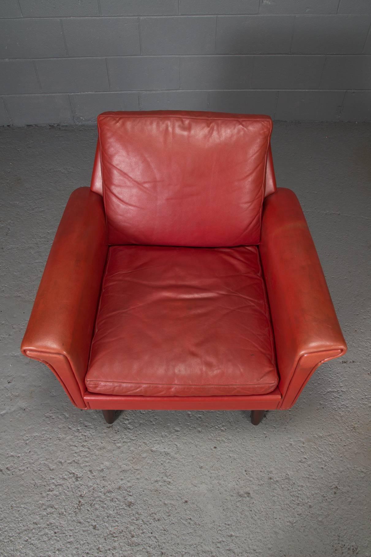Red Leather Danish Modern Armchair In Good Condition In Belmont, MA
