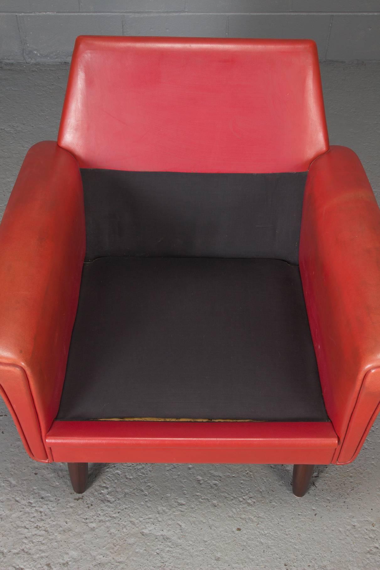 20th Century Red Leather Danish Modern Armchair