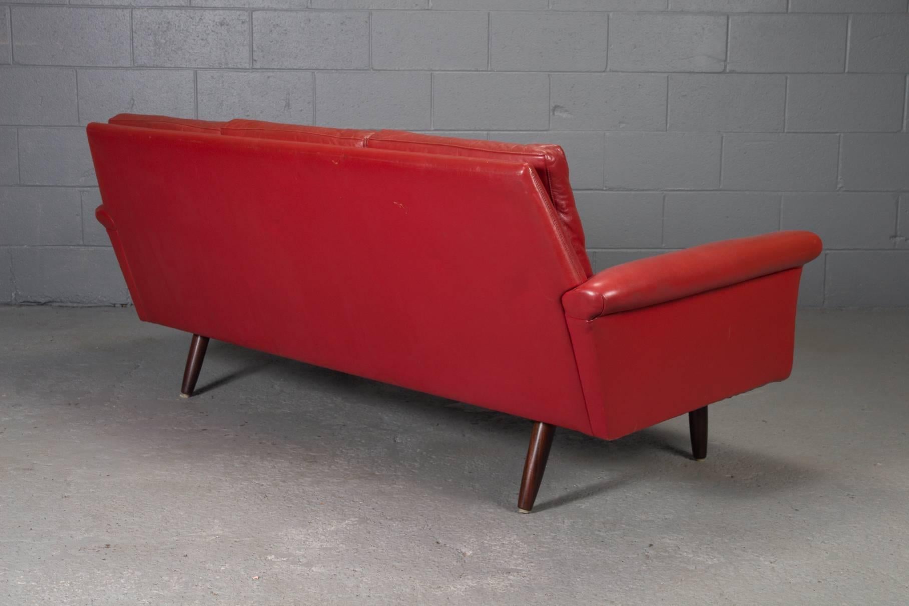 Red Leather Danish Modern Sofa In Good Condition In Belmont, MA