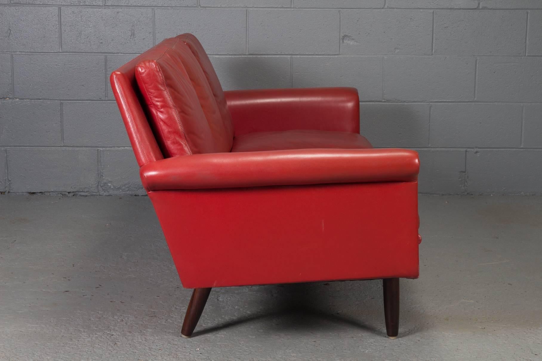 Mid-Century Modern Red Leather Danish Modern Sofa